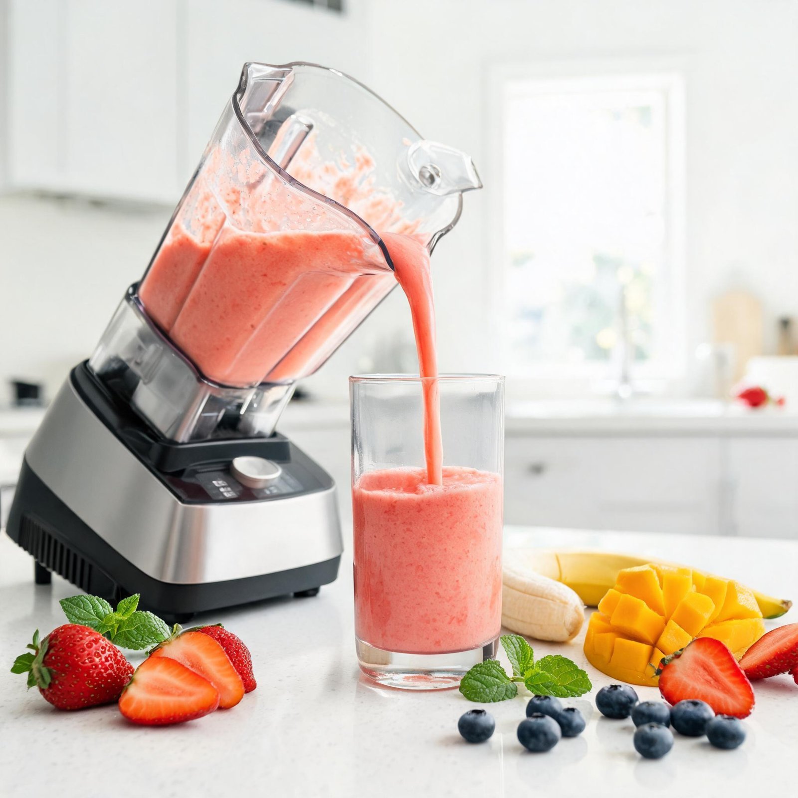 Blender pouring strawberry mango smoothie into a glass in a bright kitchen.