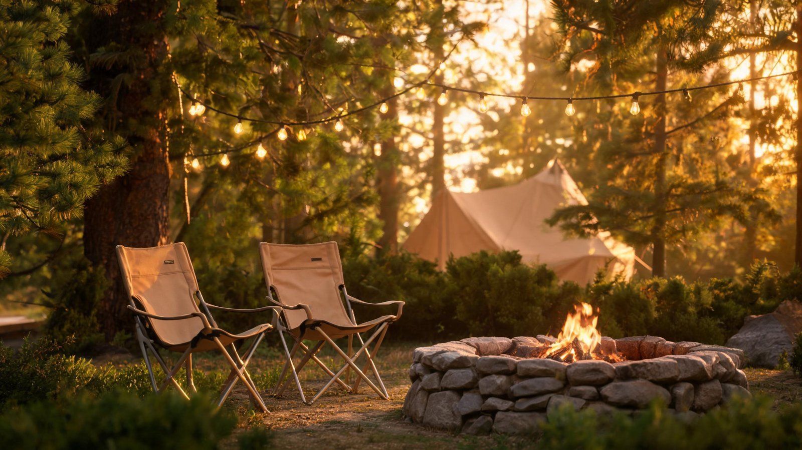 Two folding camping chairs sitting beside a glowing fire pit at a cozy campground during golden hour