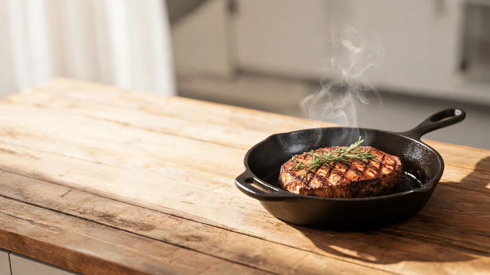 Best cast iron skillets 2026 hero - seasoned cast iron skillet with seared steak on wooden counter
