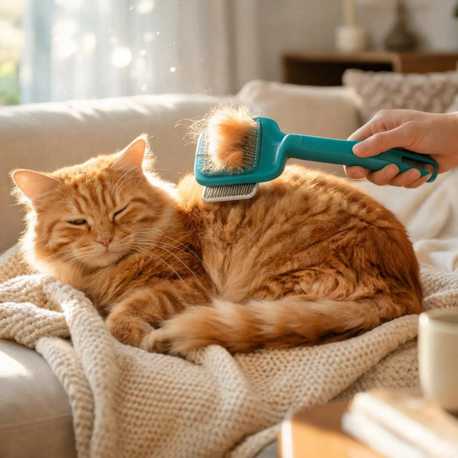 Best cat deshedding brushes: fluffy orange tabby cat relaxed while being brushed with a teal self-cleaning slicker brush, tuft of loose fur visible in the bristles, sunlit living room