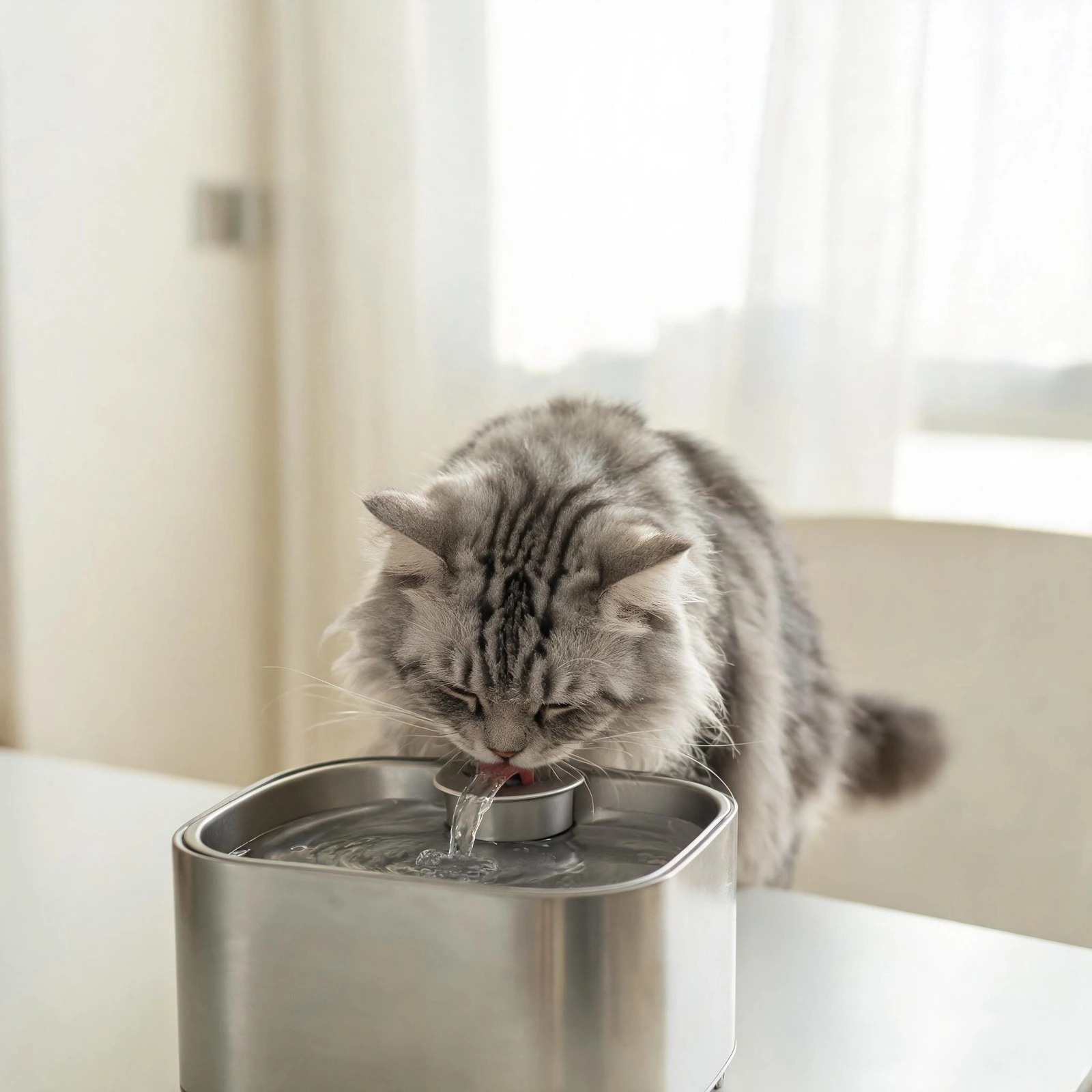 Tabby cat drinking fresh flowing water from a stainless steel cat water fountain