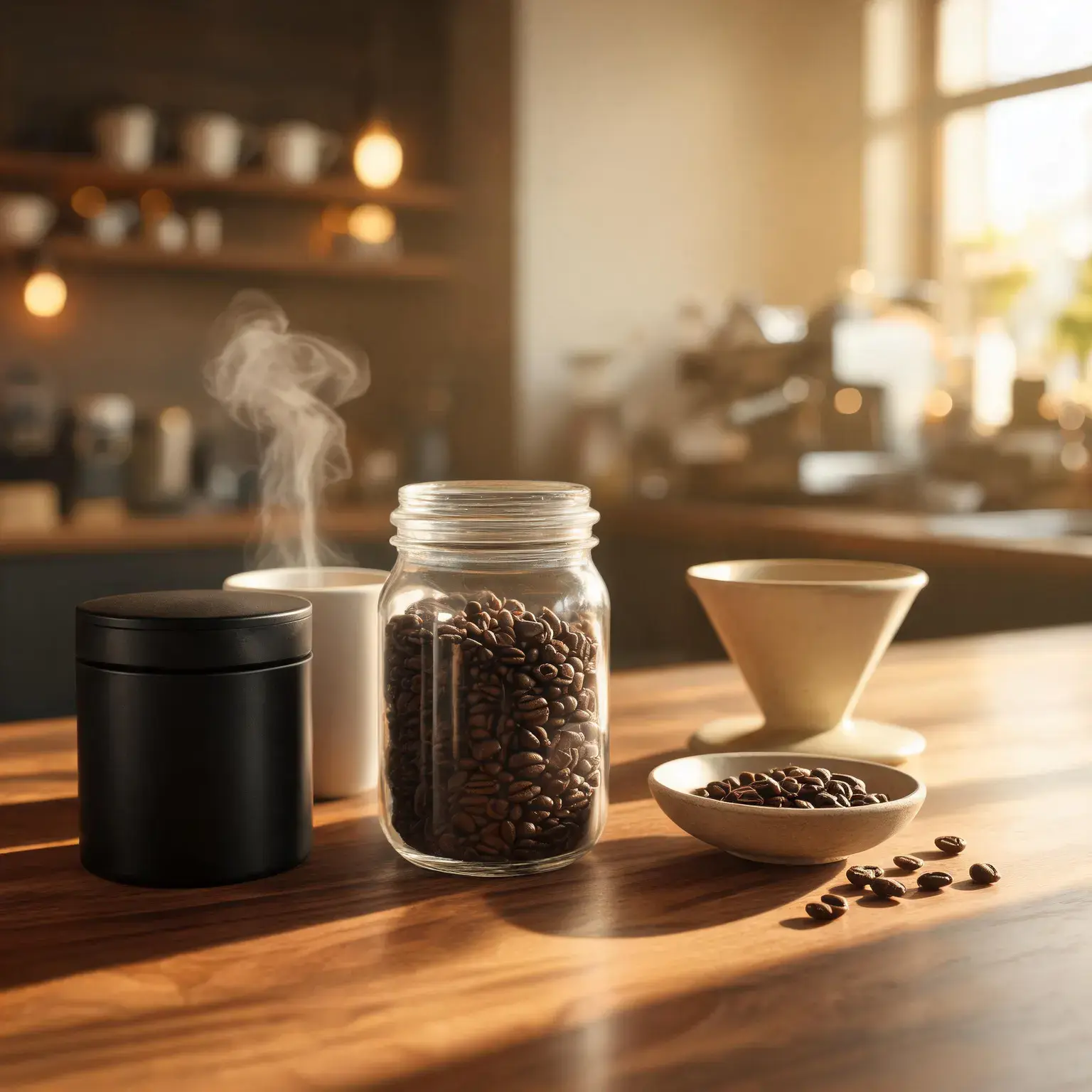 Best coffee canisters of 2026: a matte black vacuum coffee canister and a clear glass airtight storage jar filled with roasted coffee beans on a walnut coffee bar beside a ceramic pour-over dripper in warm morning light