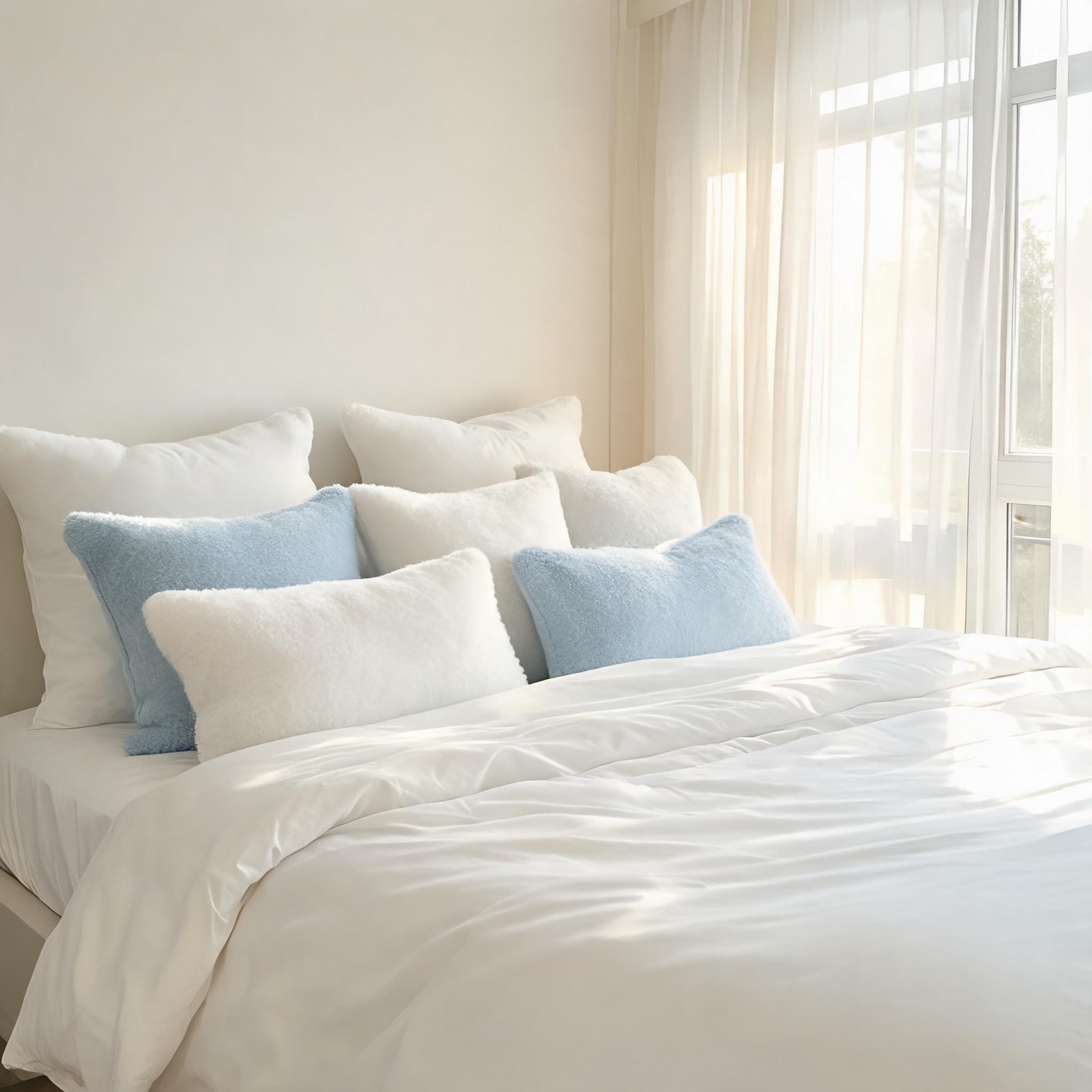 Seven cooling pillows for hot sleepers stacked on a neatly made bed