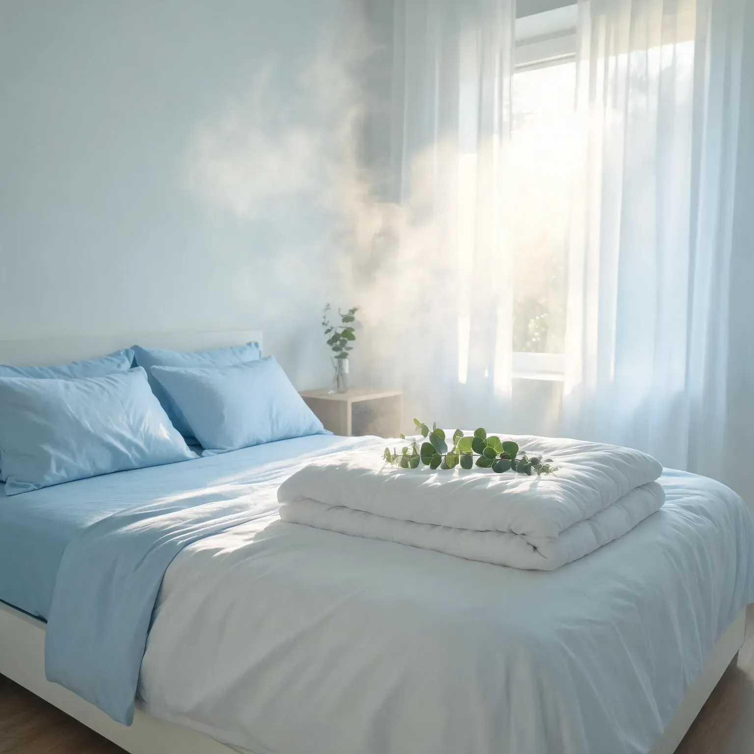 Best cooling sheets for hot sleepers: crisp light-blue cooling sheet set styled on a made bed in an airy cool bedroom