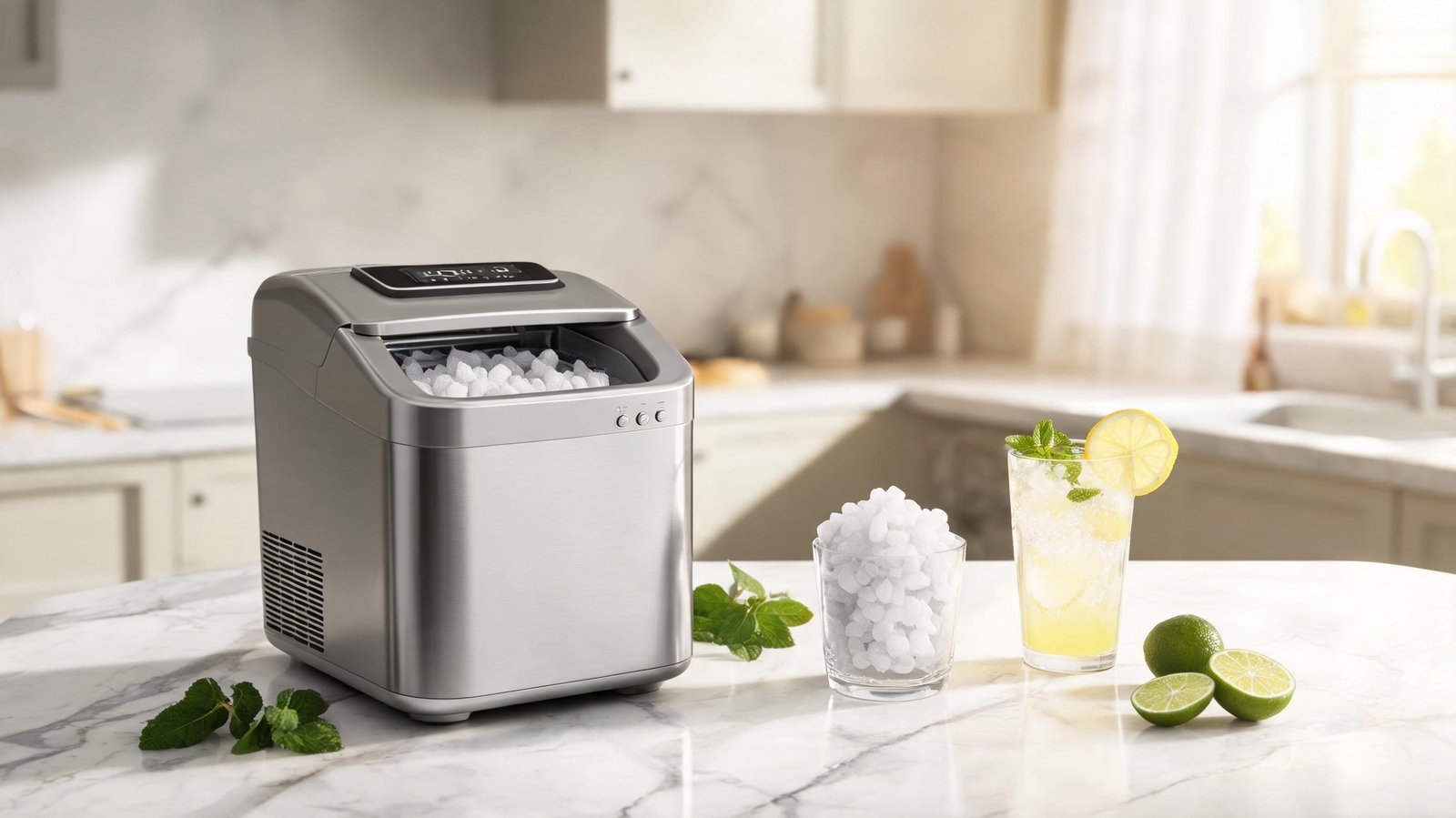 Ice maker machine with ice cubes and lemon-lime drink on kitchen counter.