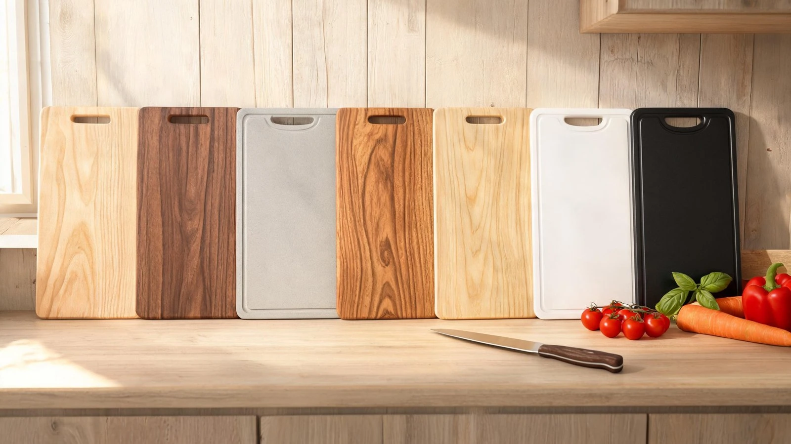 Best cutting boards of 2026 — wood, plastic, and Japanese cutting boards arranged on a kitchen counter
