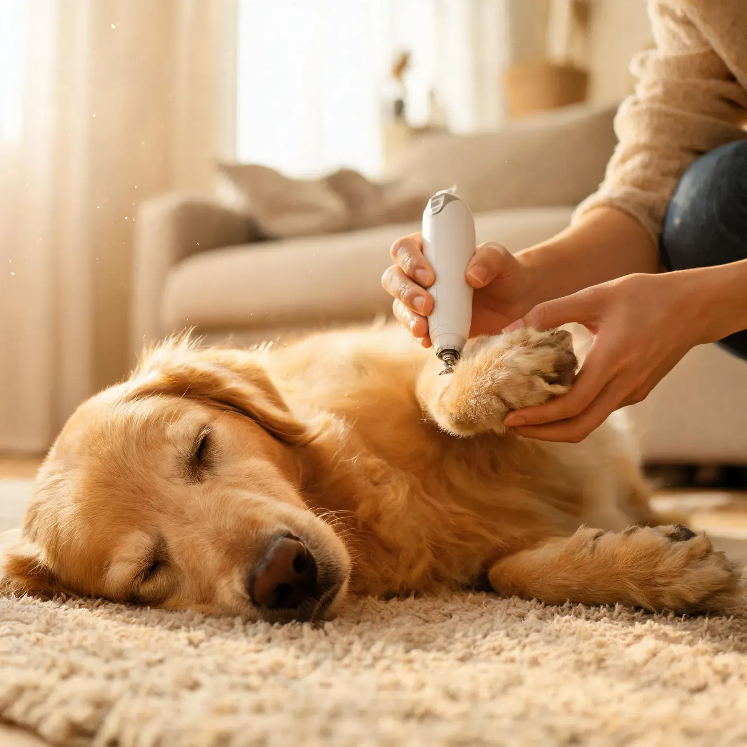 Best dog nail grinders for anxious dogs: calm golden retriever lying on a rug while its owner gently grinds a nail with a quiet electric pet nail grinder in a cozy living room