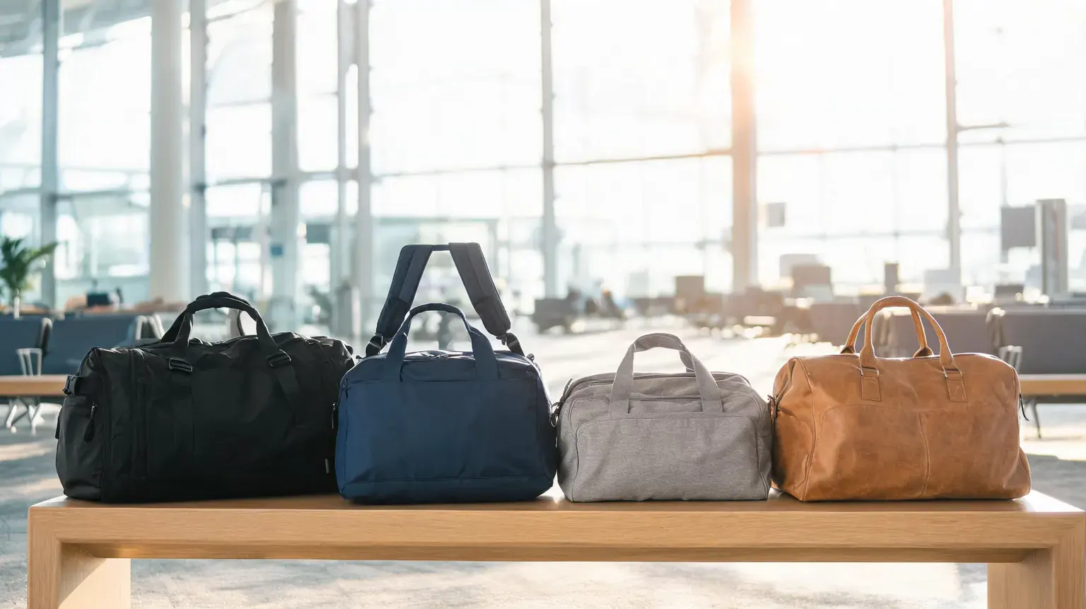 Best duffel bags: premium travel, gym and canvas duffels arranged on a bench in a bright airport lobby with soft morning light