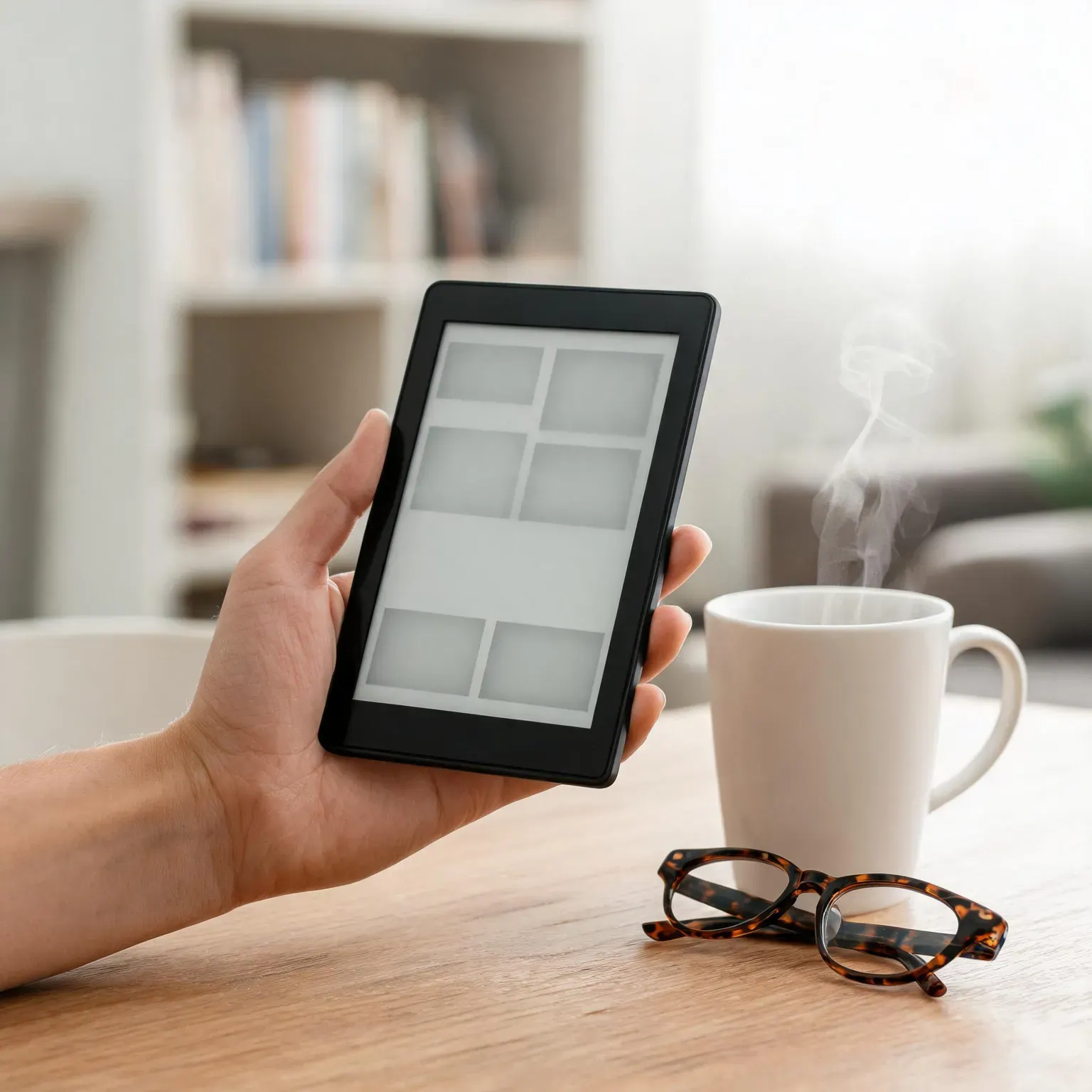 Best e-readers of 2026: a hand holding a slim 7-inch e-reader with a paper-like screen above a reading table with tea and reading glasses in soft morning light