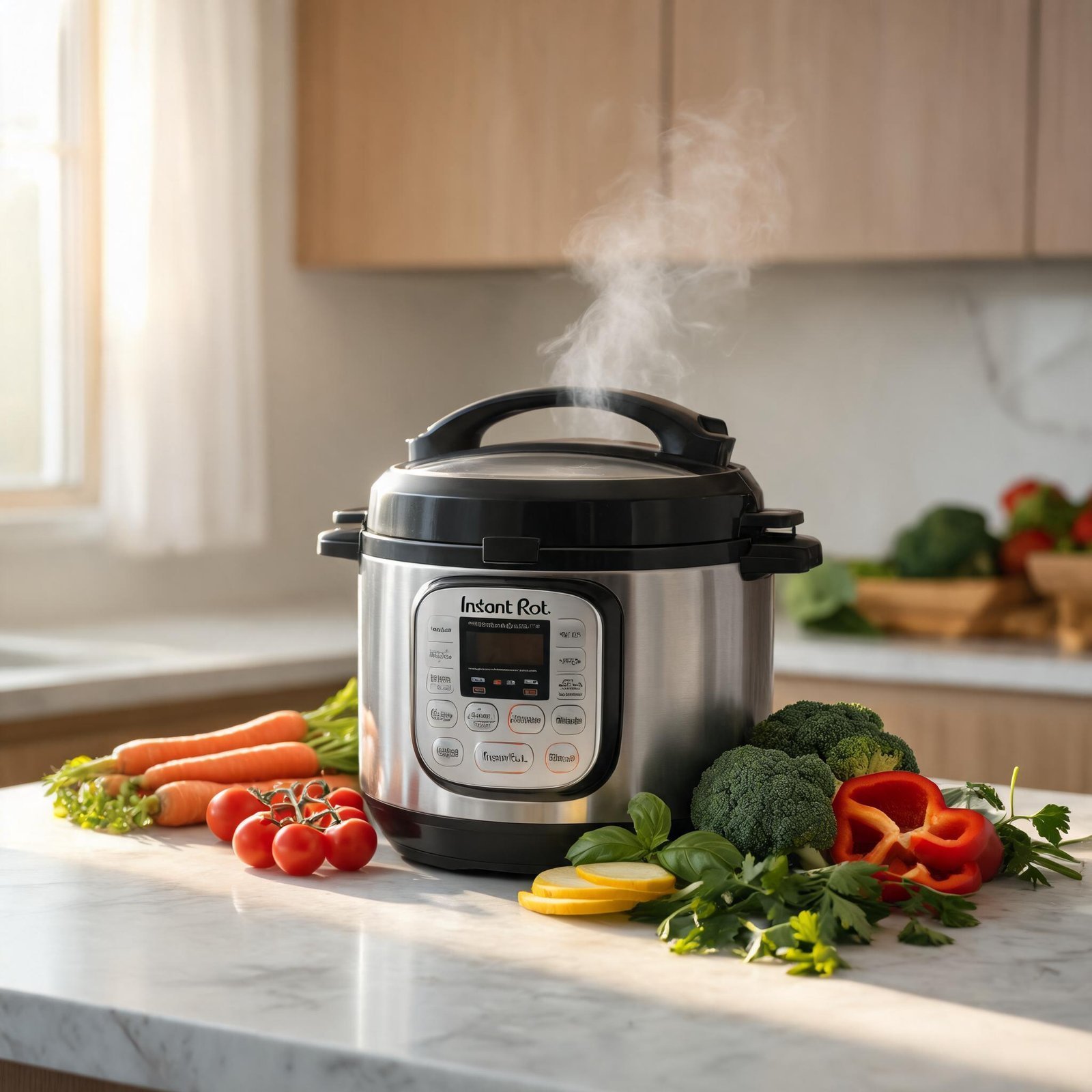Electric pressure cooker with fresh vegetables on kitchen counter.