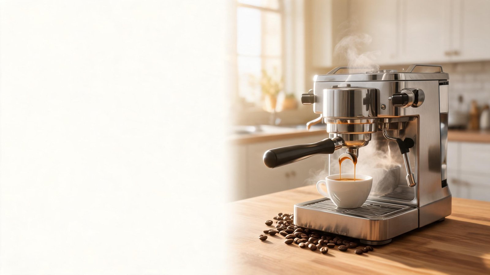 Modern espresso machine brewing coffee in a cozy kitchen setting.