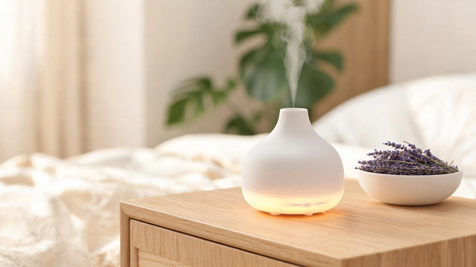 Best essential oil diffusers on Amazon 2026 — modern white ultrasonic diffuser in a cozy bedroom