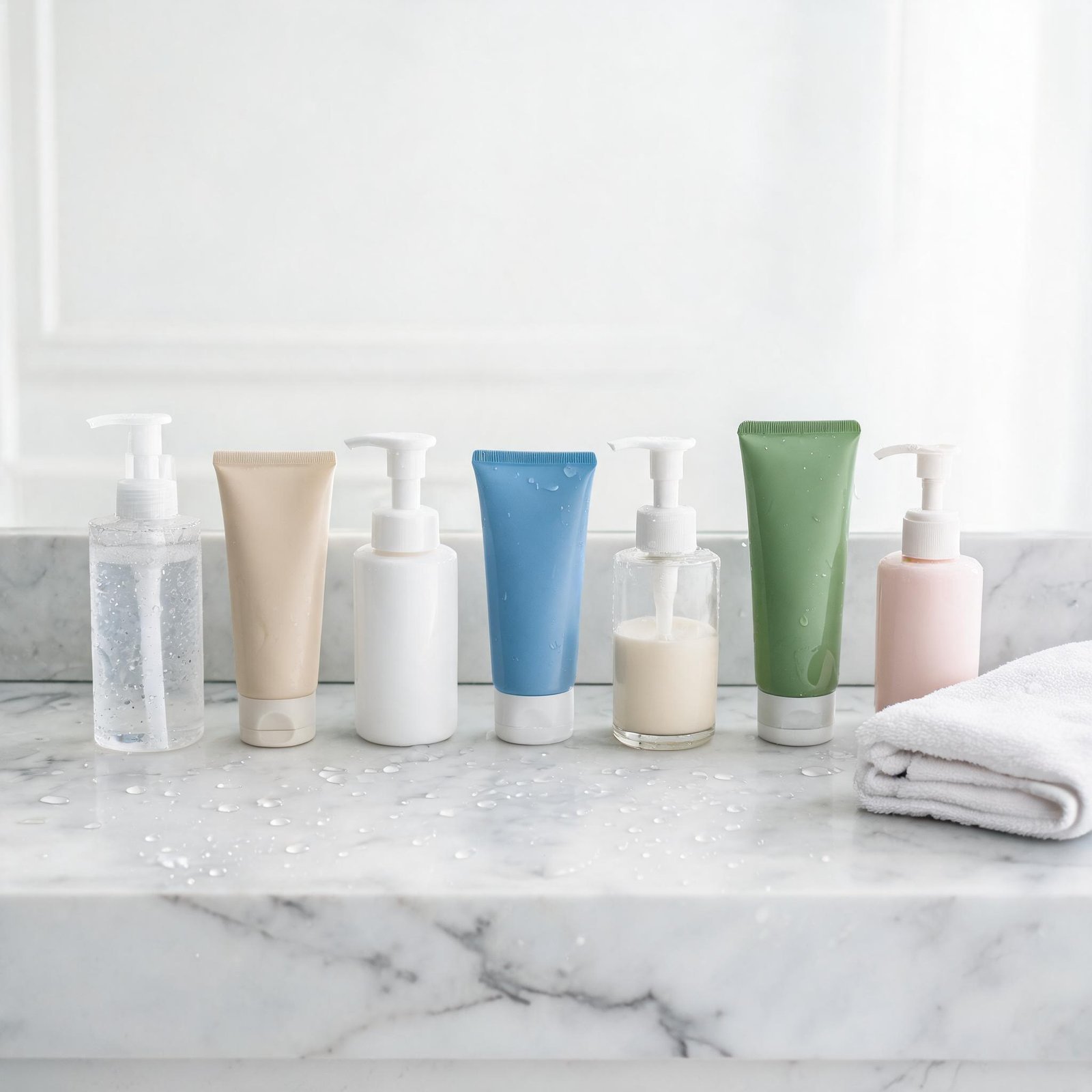 Best face cleansers of 2026 — cream, gel, and foaming cleansers arranged on a marble bathroom counter