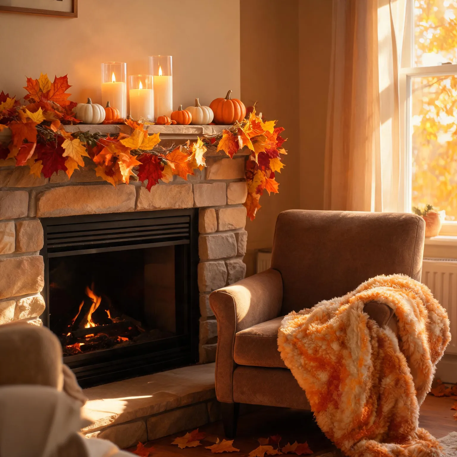Best fall decor of 2026: a cozy autumn living room with a maple-leaf garland on the mantel, glowing pillar candles and harvest pumpkins at golden hour