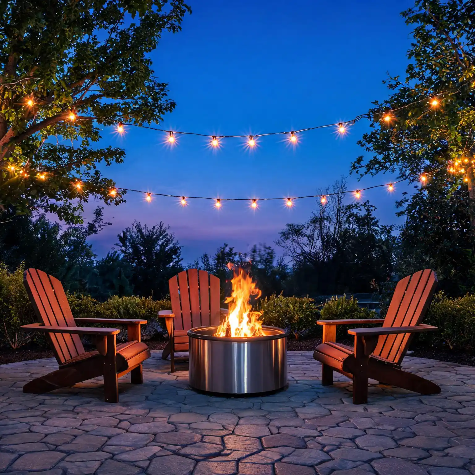 Best fire pits: a smokeless steel fire pit with flames on a patio at dusk surrounded by Adirondack chairs and string lights