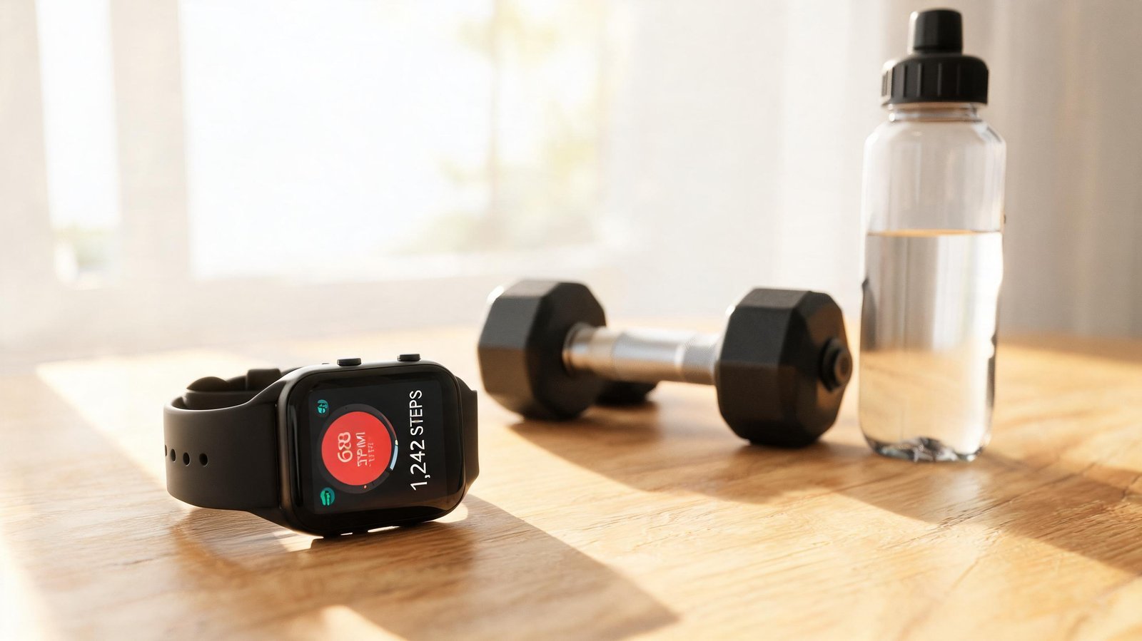 Fitness tracker, dumbbell, and water bottle on wooden surface for workout.