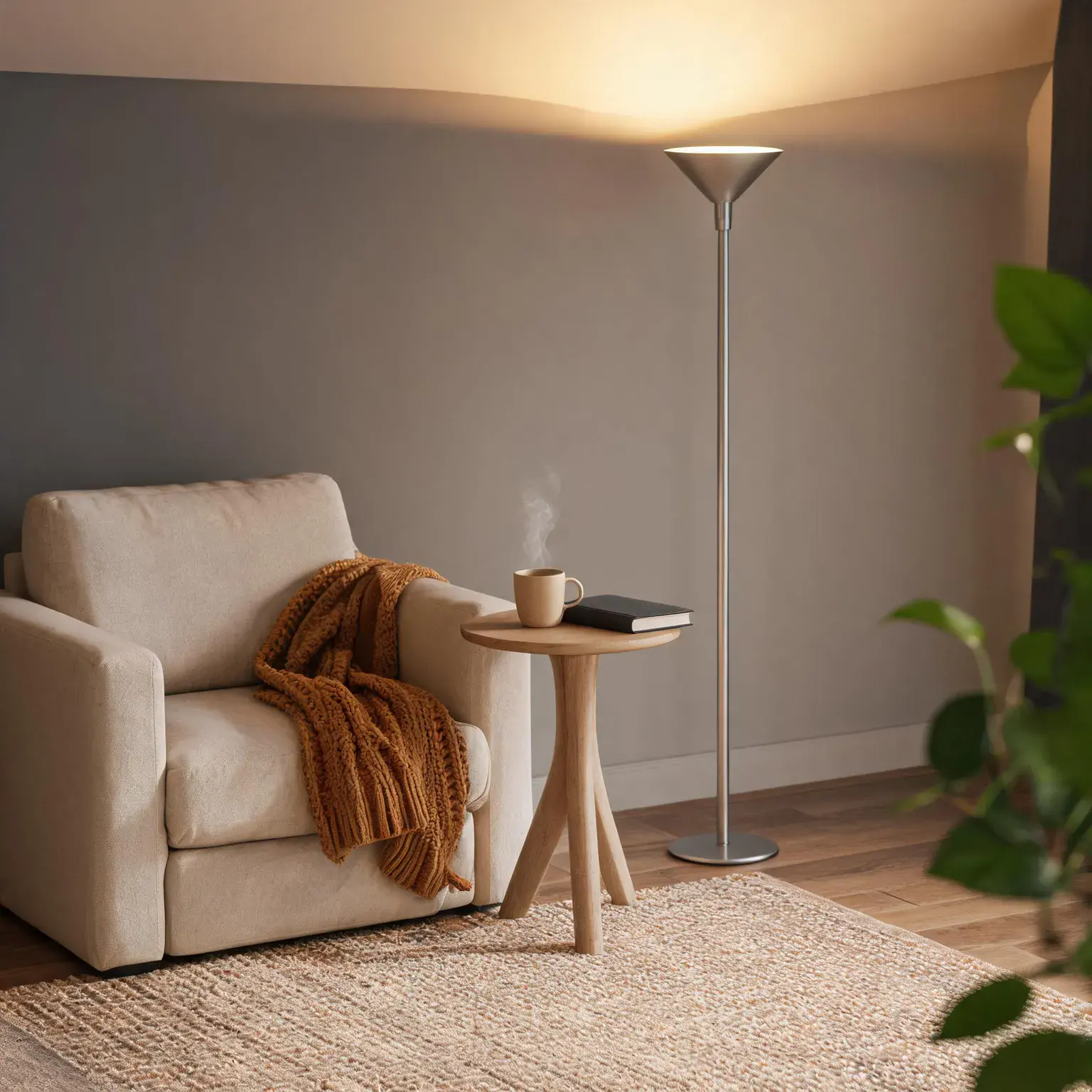 Best floor lamps of 2026: a slim torchiere floor lamp with a brushed metal finish casting a warm pool of light up toward the ceiling beside a beige armchair with a knit throw blanket and a wooden side table holding a mug and a book on a cream area rug in a cozy evening living room