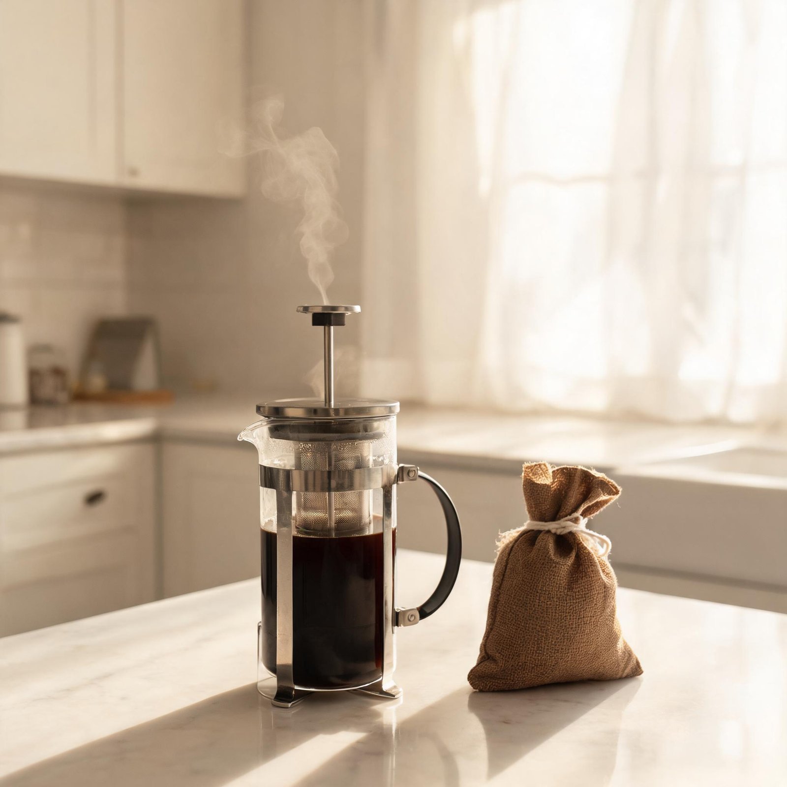 Best French press coffee maker brewing on a bright kitchen counter