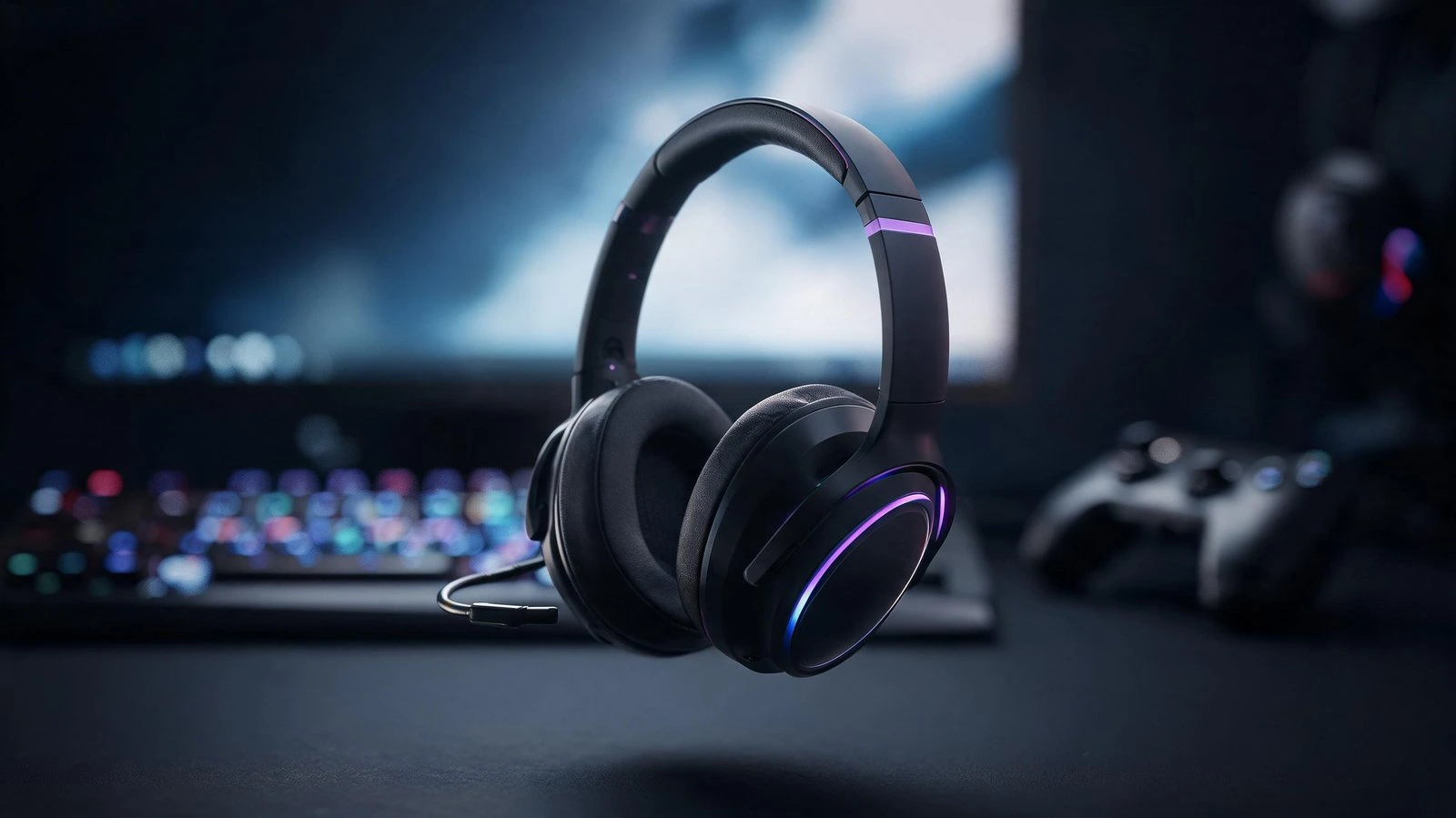Best gaming headsets of 2026 lineup with a premium wireless headset on a dark gaming desk