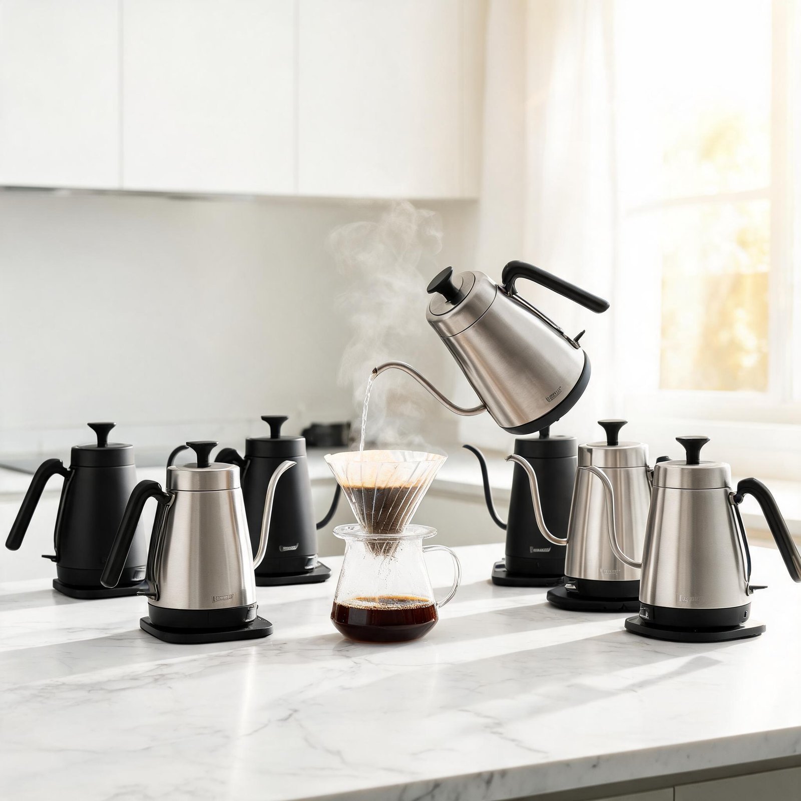 Multiple stainless steel electric kettles on kitchen countertop with coffee brewing in a glass.