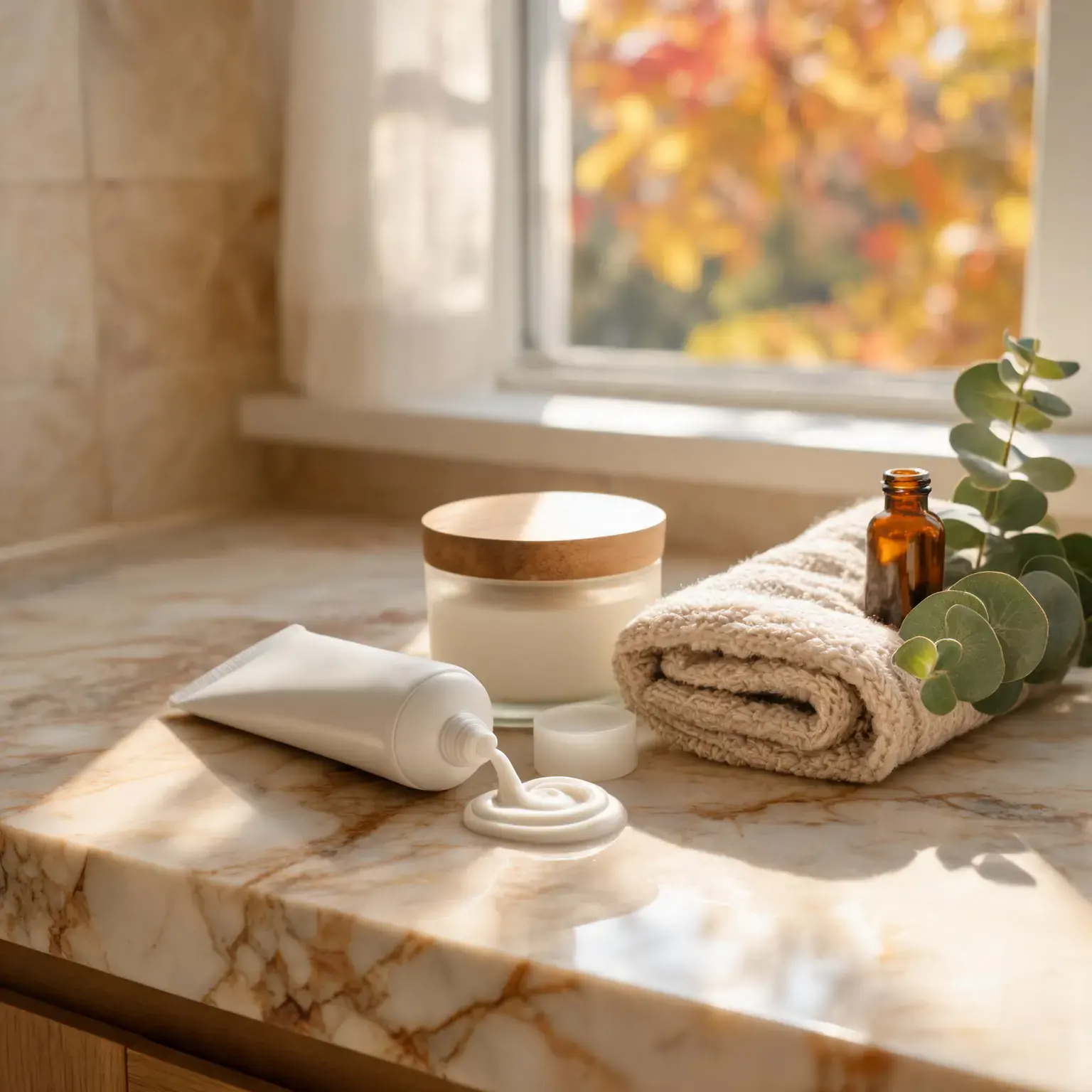 Best hand creams of 2026: an open white squeeze tube of rich hand cream with a small swirl of cream on a polished marble counter, beside a clear glass jar with a wooden lid, a folded beige towel, a sprig of eucalyptus and a small amber bottle in warm autumn window light