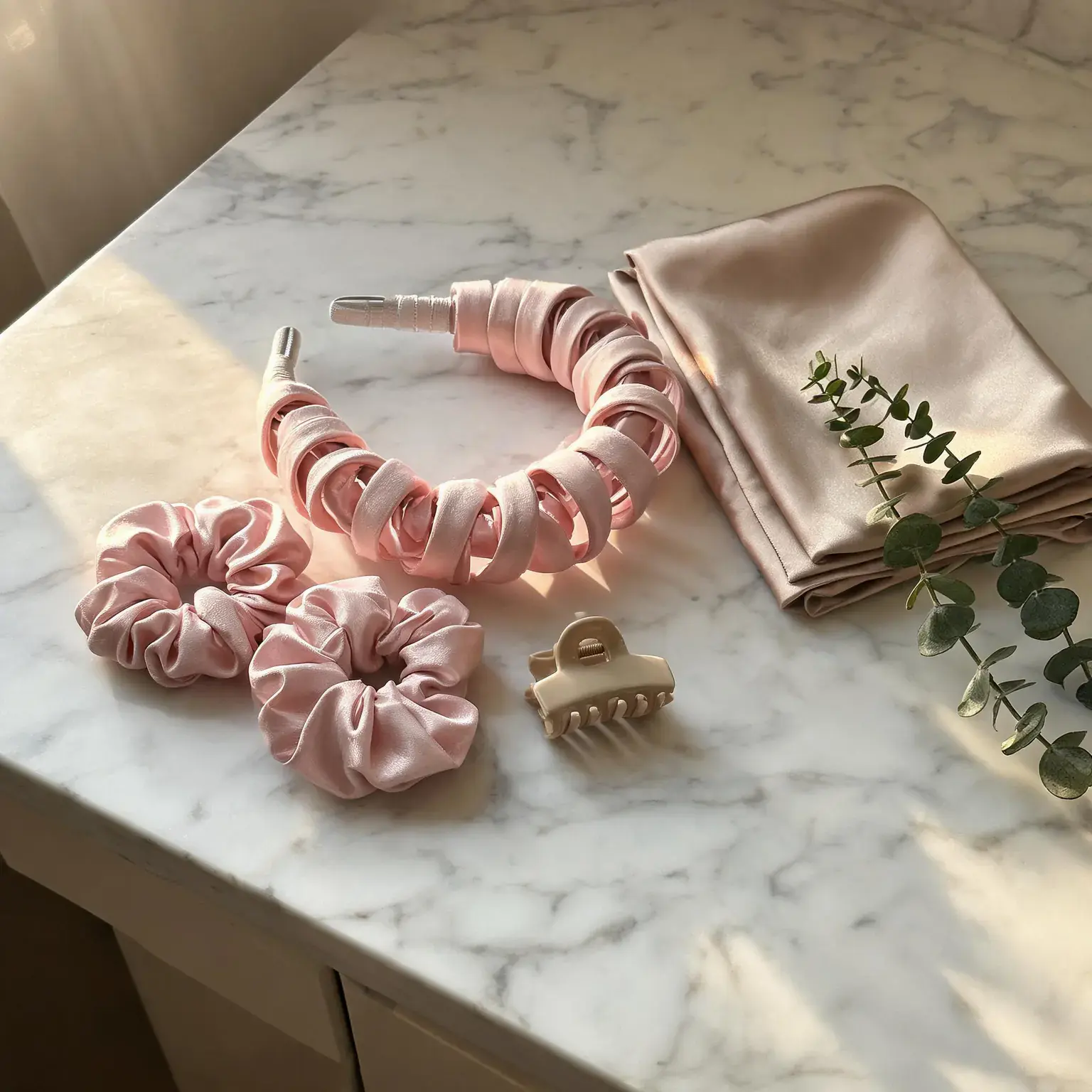 Best heatless curlers of 2026: a soft pink satin heatless curling rod headband with flexible wire ends coiled on a white marble vanity beside two pink satin scrunchies, a beige claw clip, a folded champagne silk pillowcase and a sprig of eucalyptus in warm morning window light