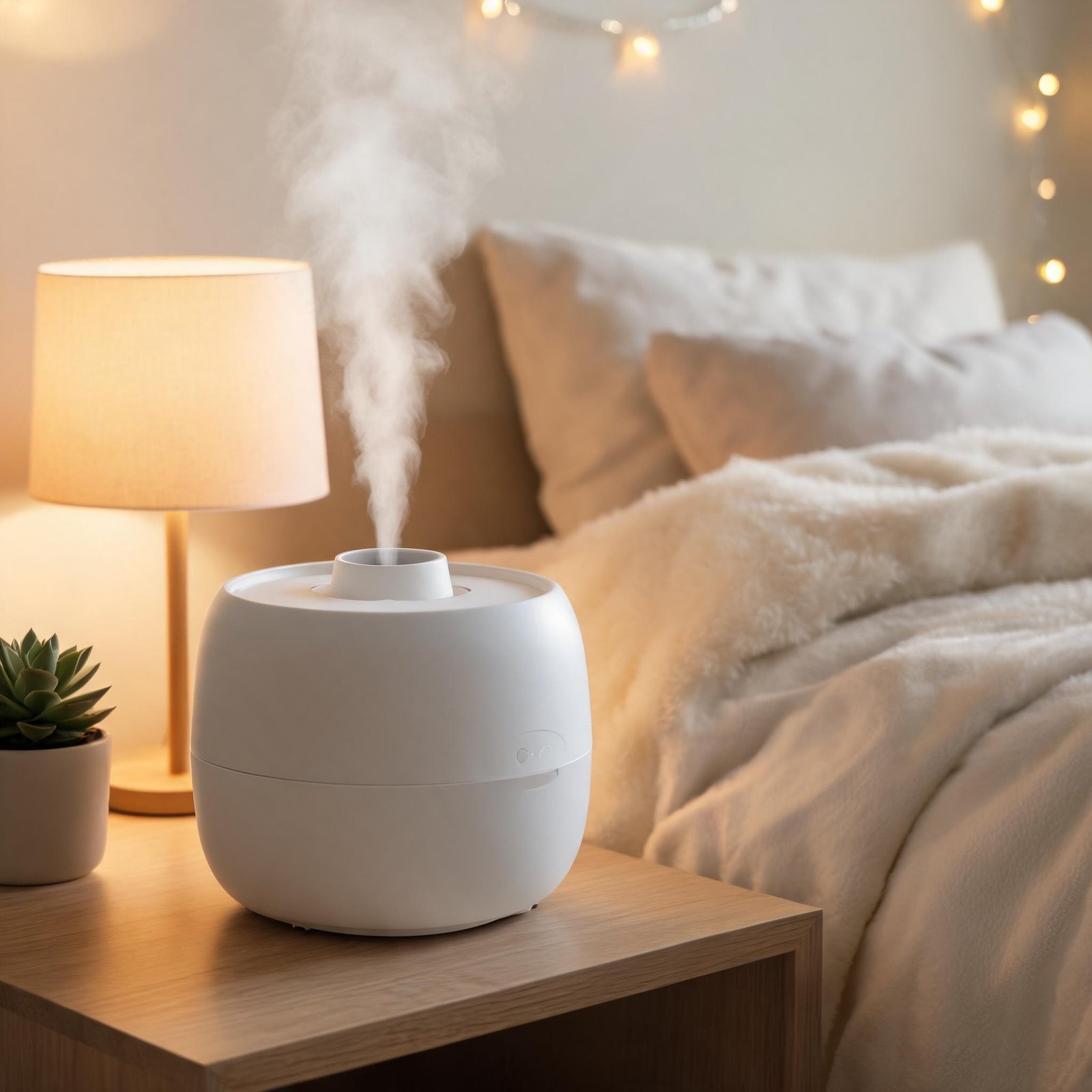 White essential oil diffuser emitting mist in cozy bedroom setting.