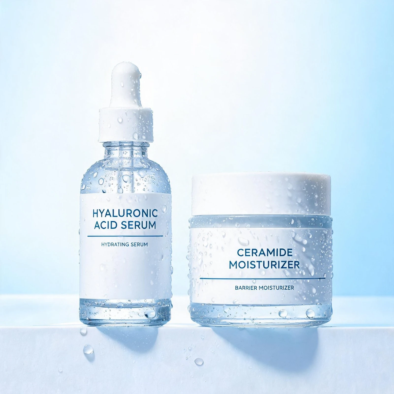 Hyaluronic Acid Serum and Ceramide Moisturizer with water droplets.