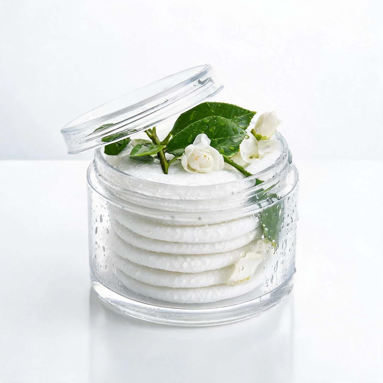 Cream in glass jar with green leaves and white flowers for skincare.