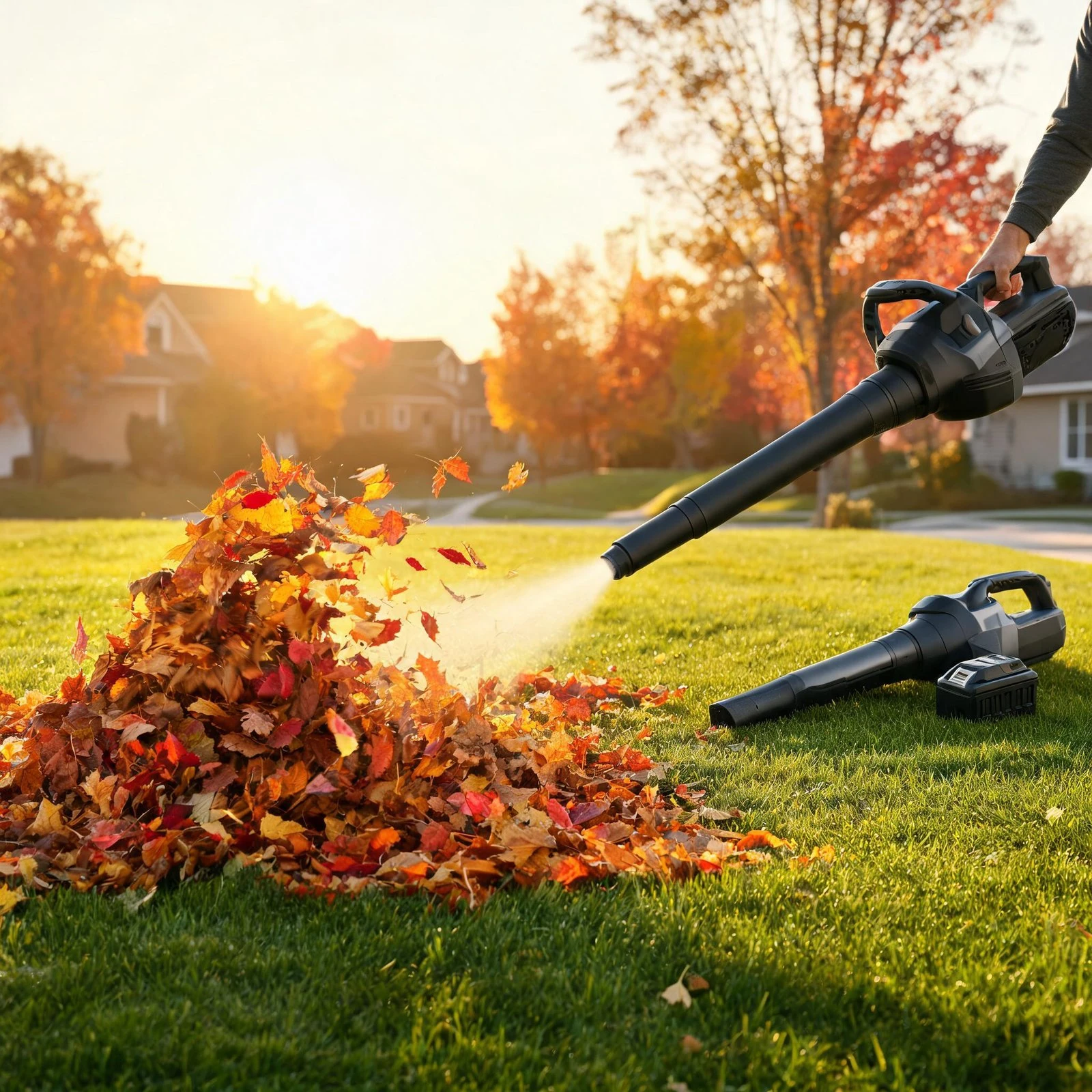 Best leaf blowers of 2026 clearing autumn leaves from a green lawn