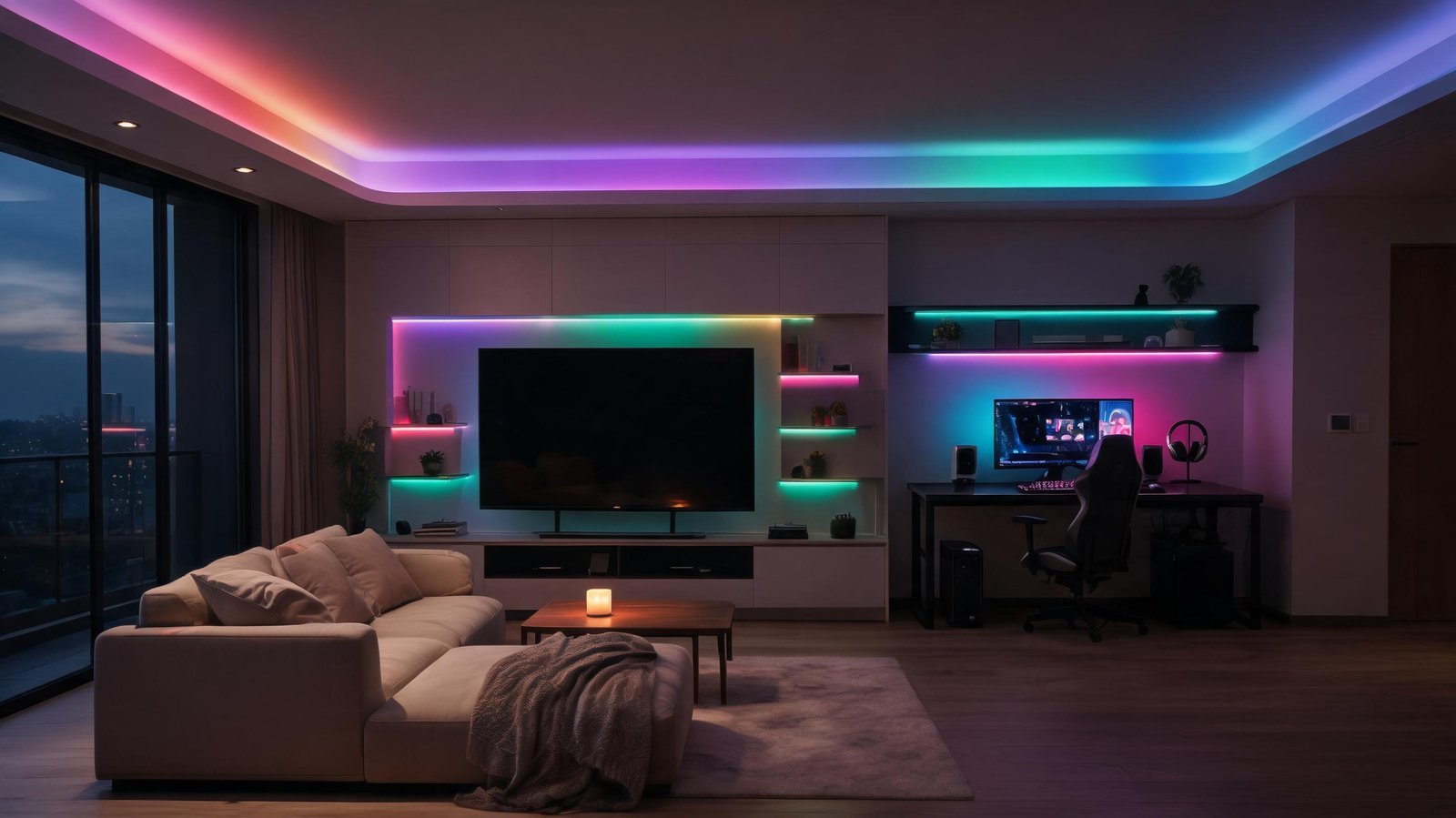 Living room and gaming desk glowing with RGBIC LED strip lights in flowing rainbow gradients