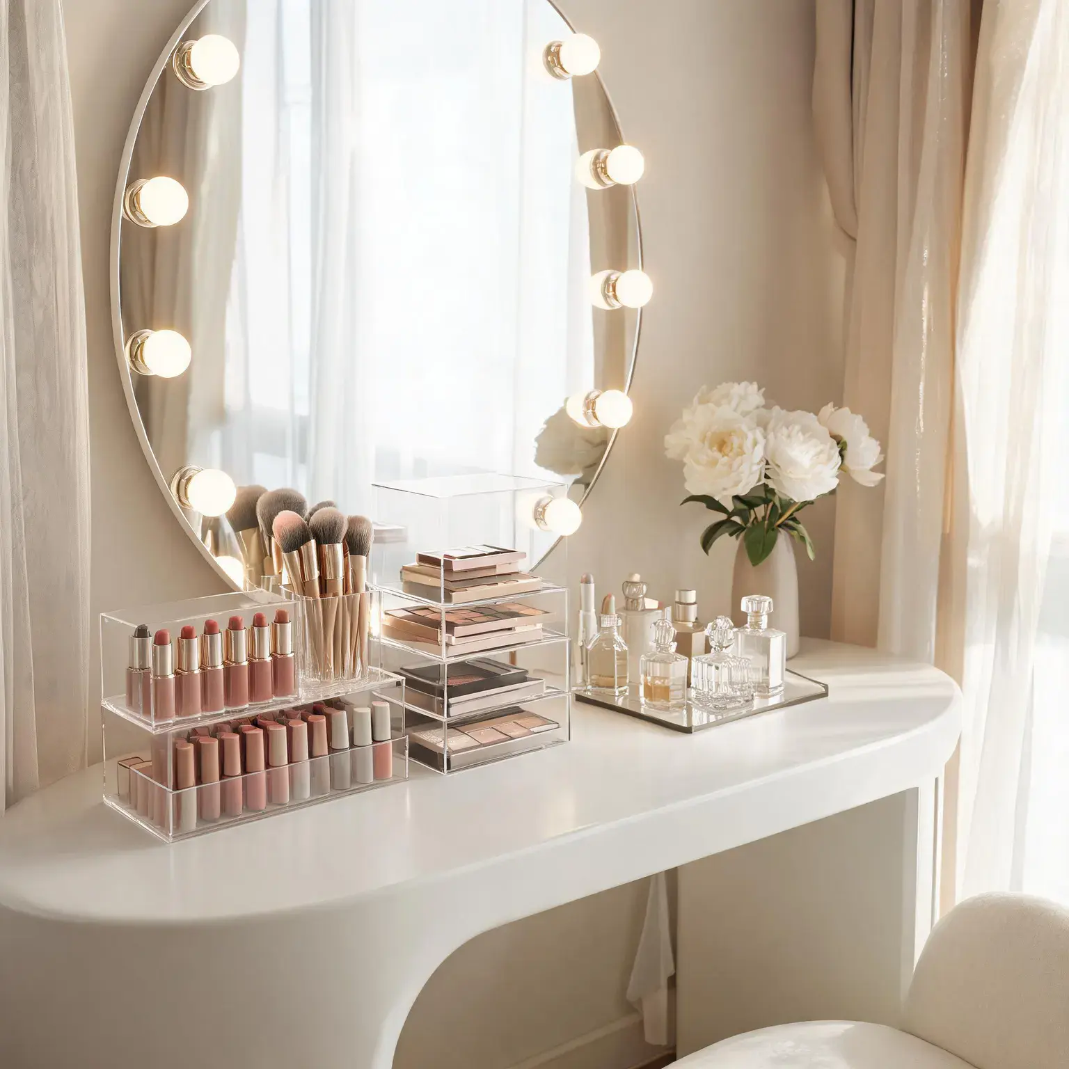 Best makeup organizers of 2026: a bright white vanity with a bulb-lit round mirror, clear acrylic organizers holding lipsticks in a neat row, makeup brushes standing upright in a holder, eyeshadow palettes stacked in a clear tower and small perfume bottles on a mirrored tray beside a vase of white peonies
