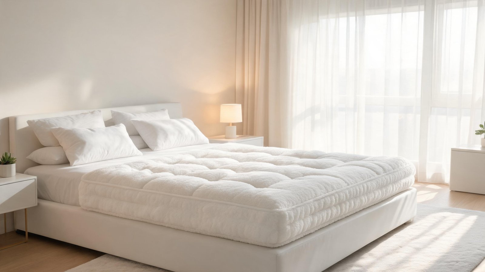 Bright bedroom with white bed, soft lighting, and large windows with sheer curtains.
