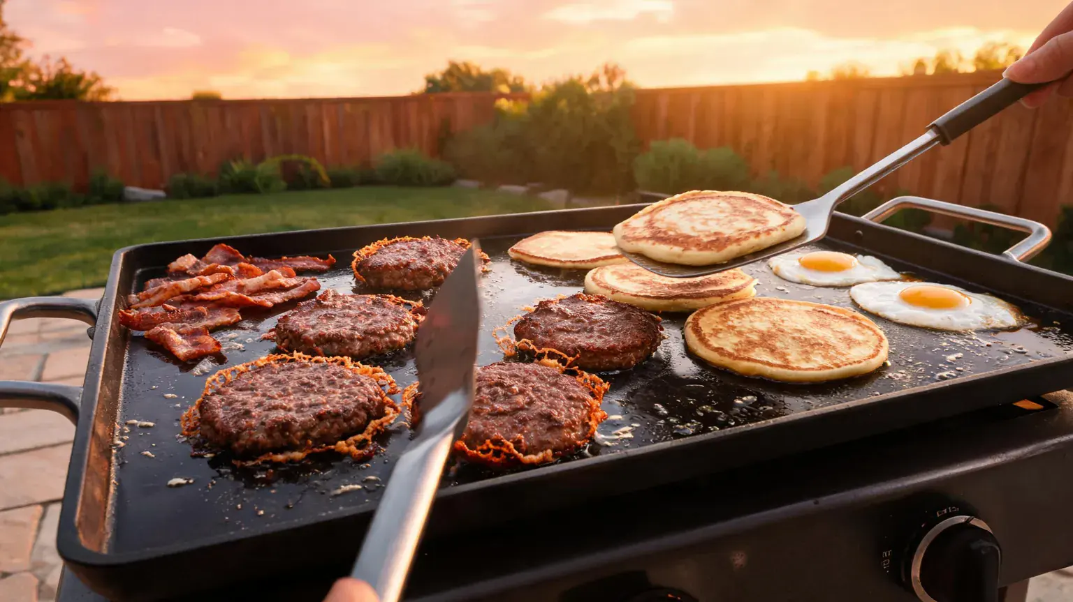 Best outdoor griddles: smashburgers with crispy lacy edges and golden pancakes sizzling on a black carbon steel flat top griddle while two spatulas work a backyard breakfast