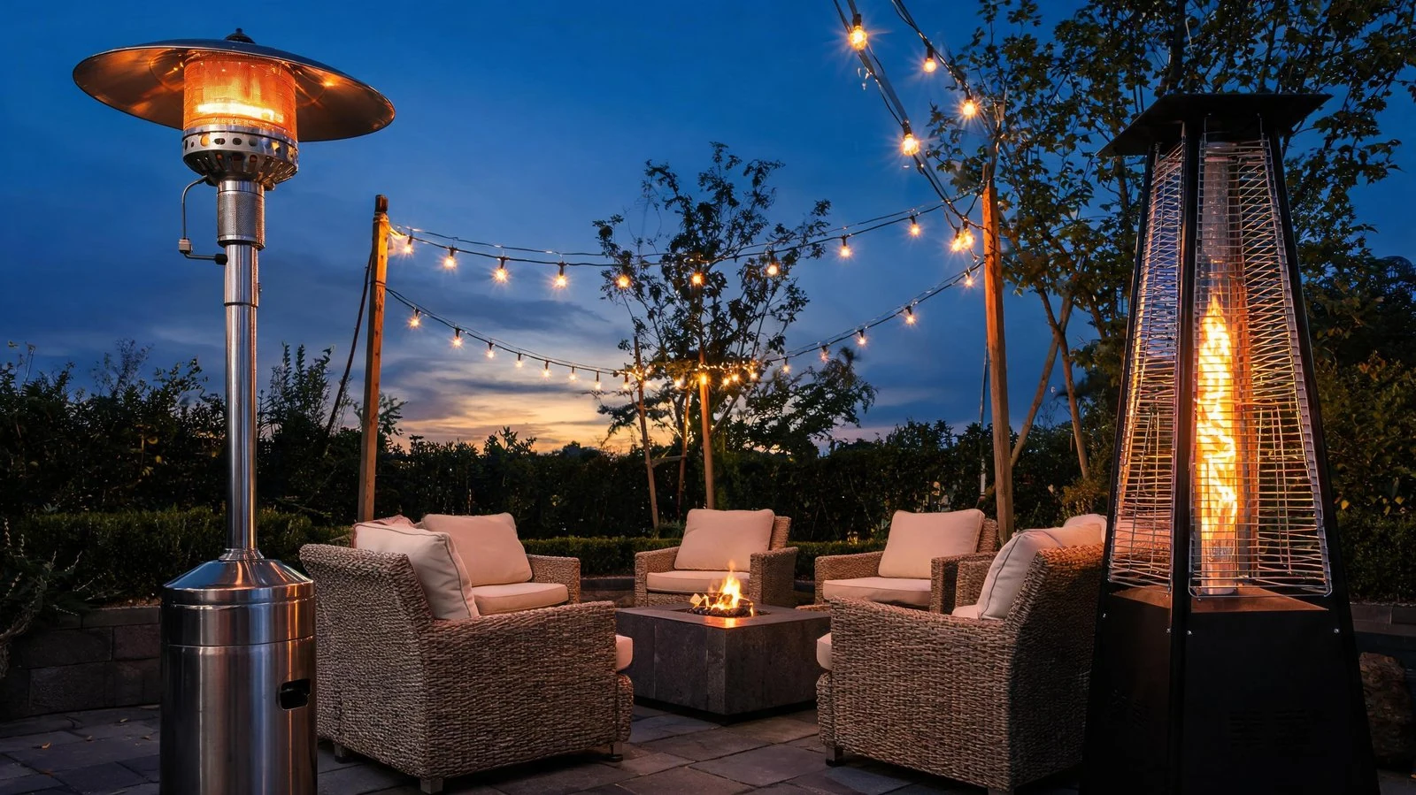 Best patio heaters 2026 lineup glowing on a backyard deck at dusk with warm flame light