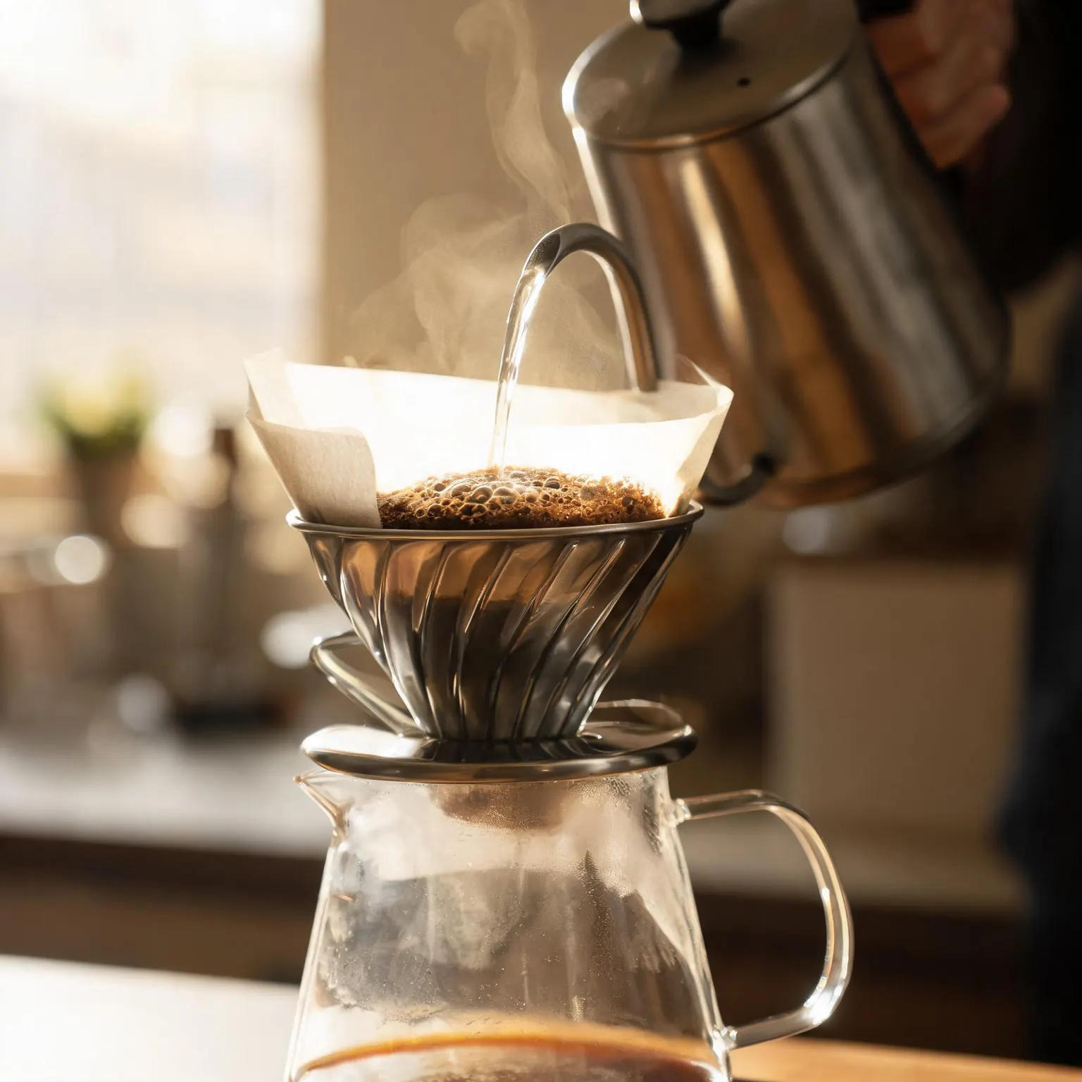 Best pour over coffee makers: stainless steel flat-bottom dripper on a glass server while a barista pours a thin spiral stream from a gooseneck kettle, blooming grounds in a white paper filter, warm morning kitchen light