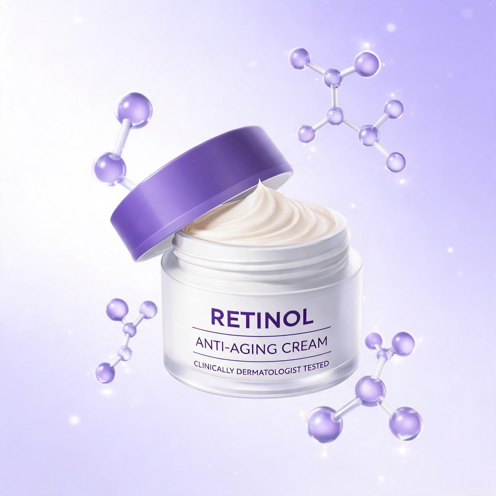Retinol anti-aging cream jar with molecular structures on purple background.