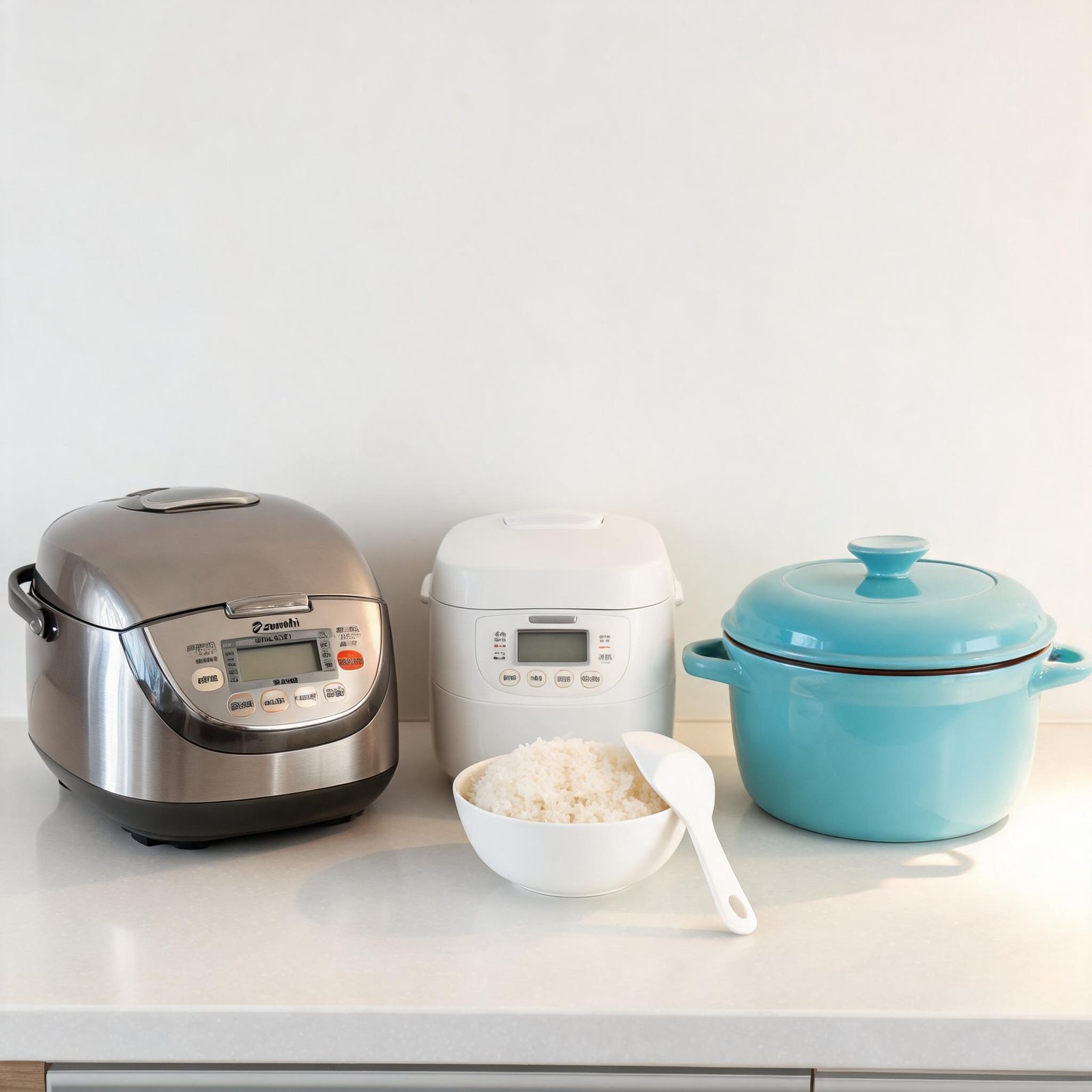 Kitchen appliances including rice cooker, bread machine, and slow cooker on countertop.