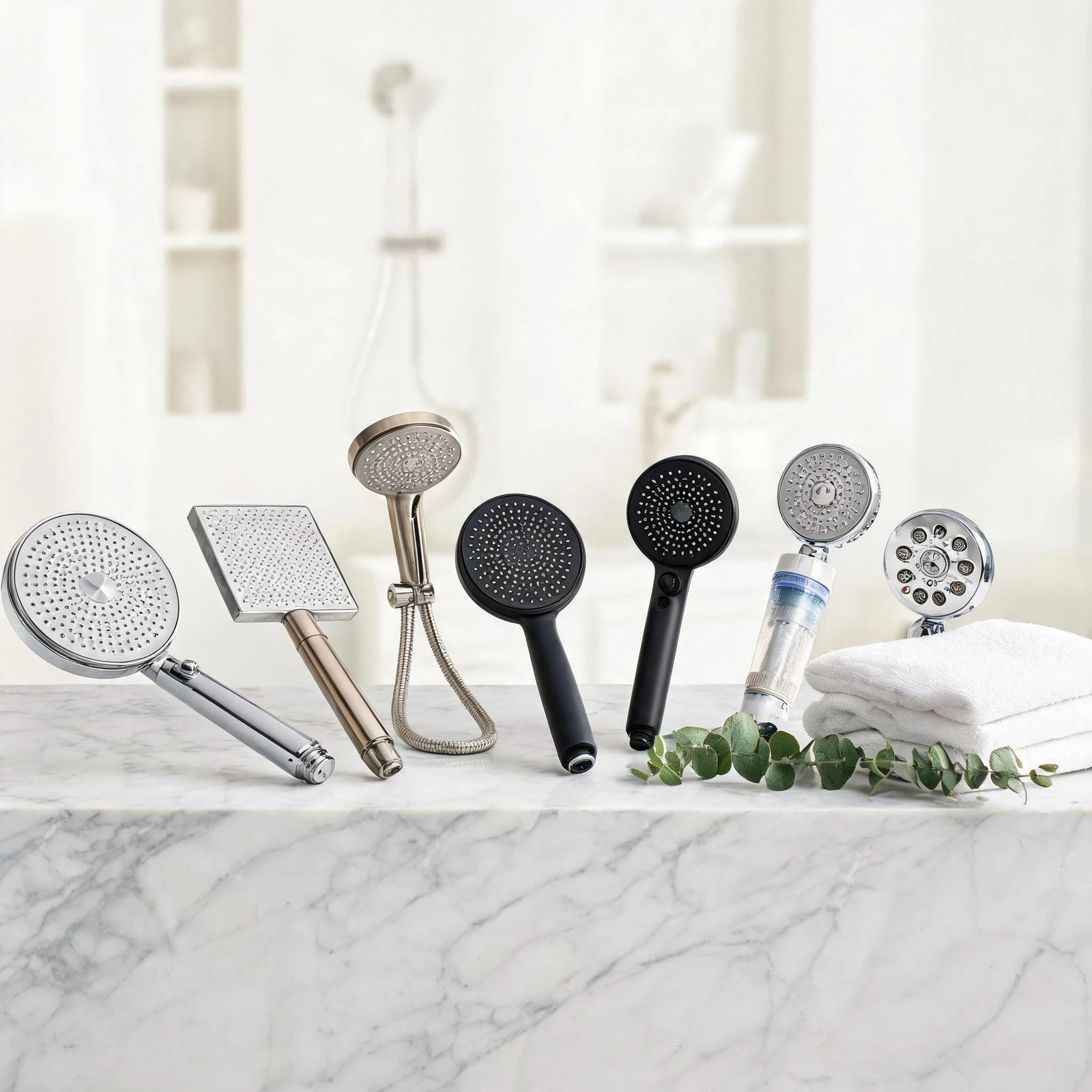 Best shower heads of 2026 — rain, handheld, dual, and filtered shower heads arranged in a bathroom