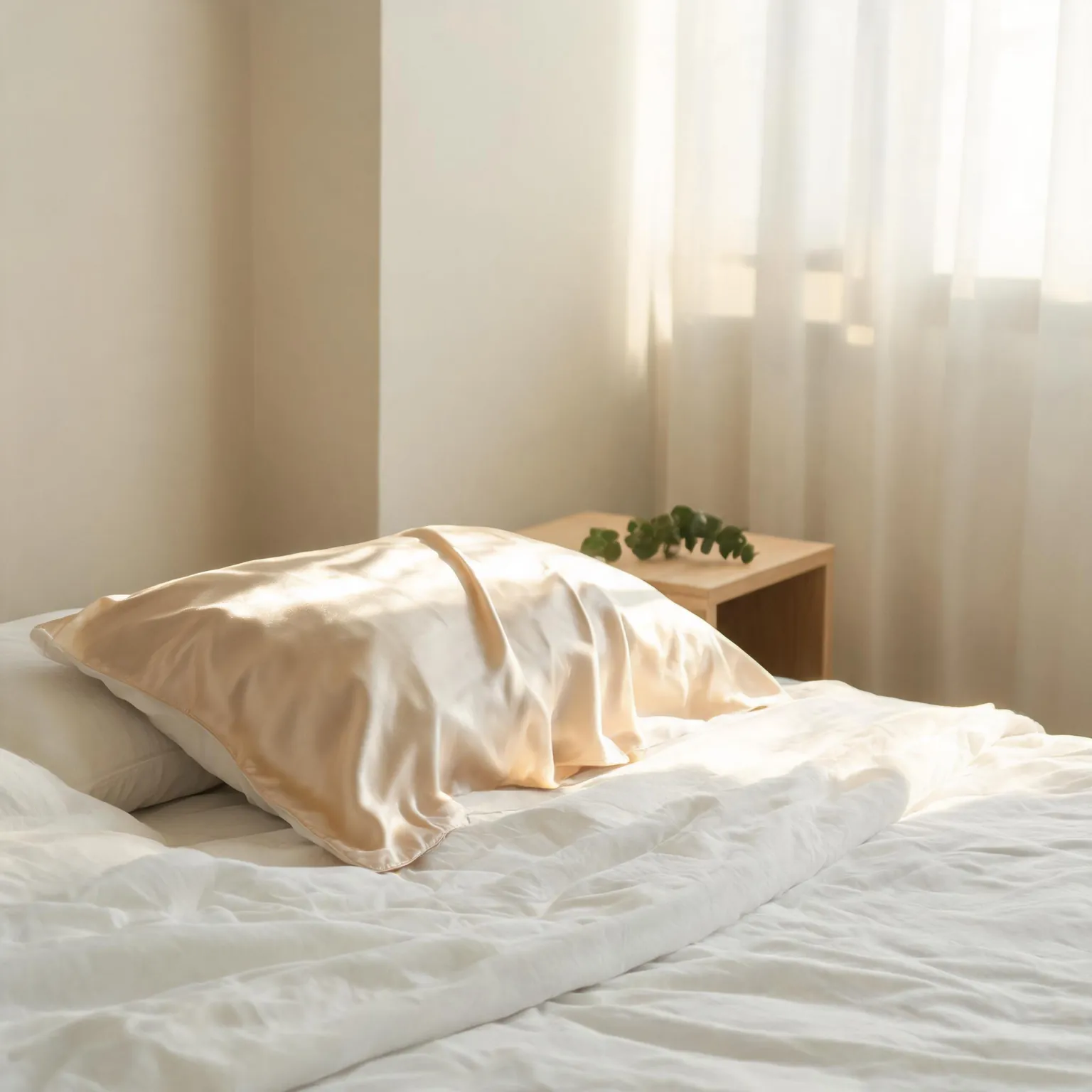 Best silk pillowcases of 2026: a champagne mulberry silk pillowcase with a liquid sheen resting on a white linen bed in soft morning light