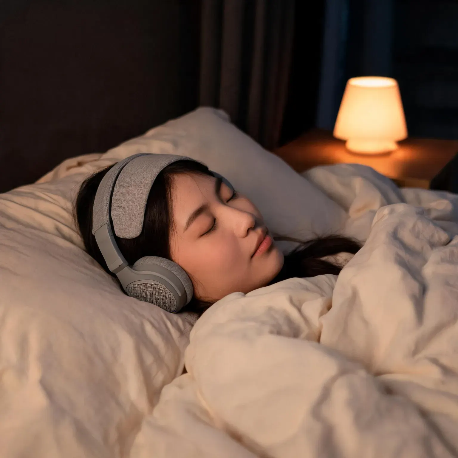 Best sleep headphones for side sleepers: woman sleeping peacefully on her side wearing a soft gray fabric headband with flat thin speakers in a dim cozy bedroom