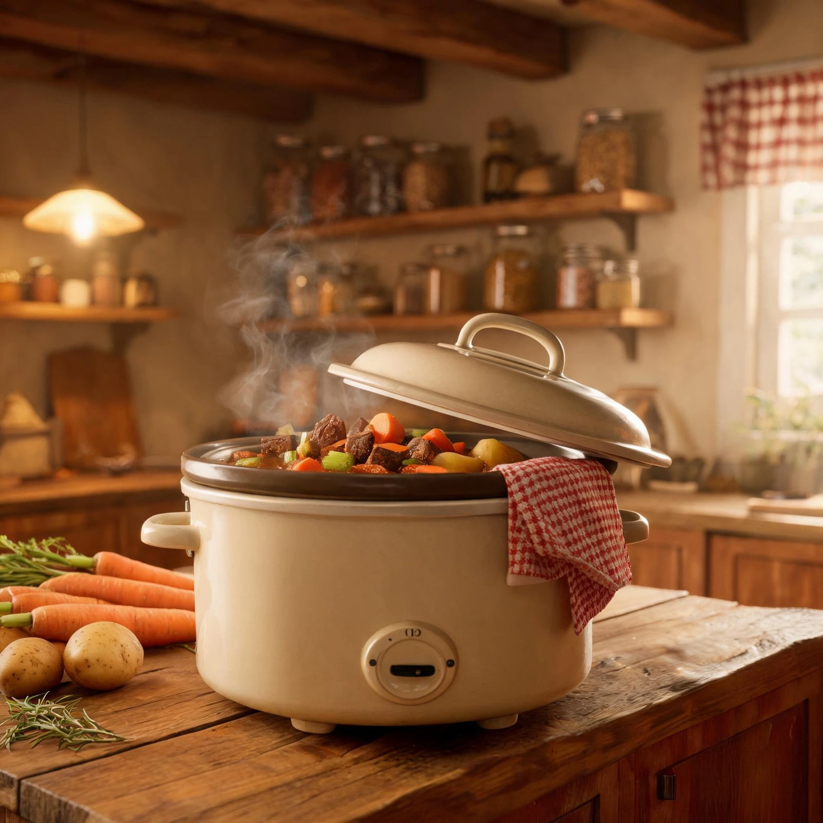 Slow cooker with steaming stew in cozy rustic kitchen setting.