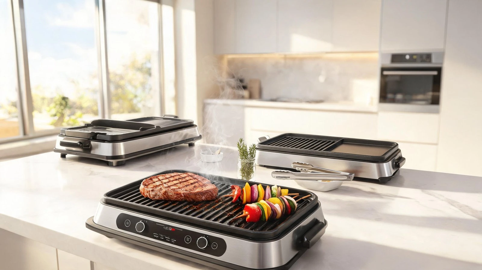 Best smokeless grill 2026 lineup showing seven electric indoor grills sizzling steaks and burgers on a bright kitchen countertop