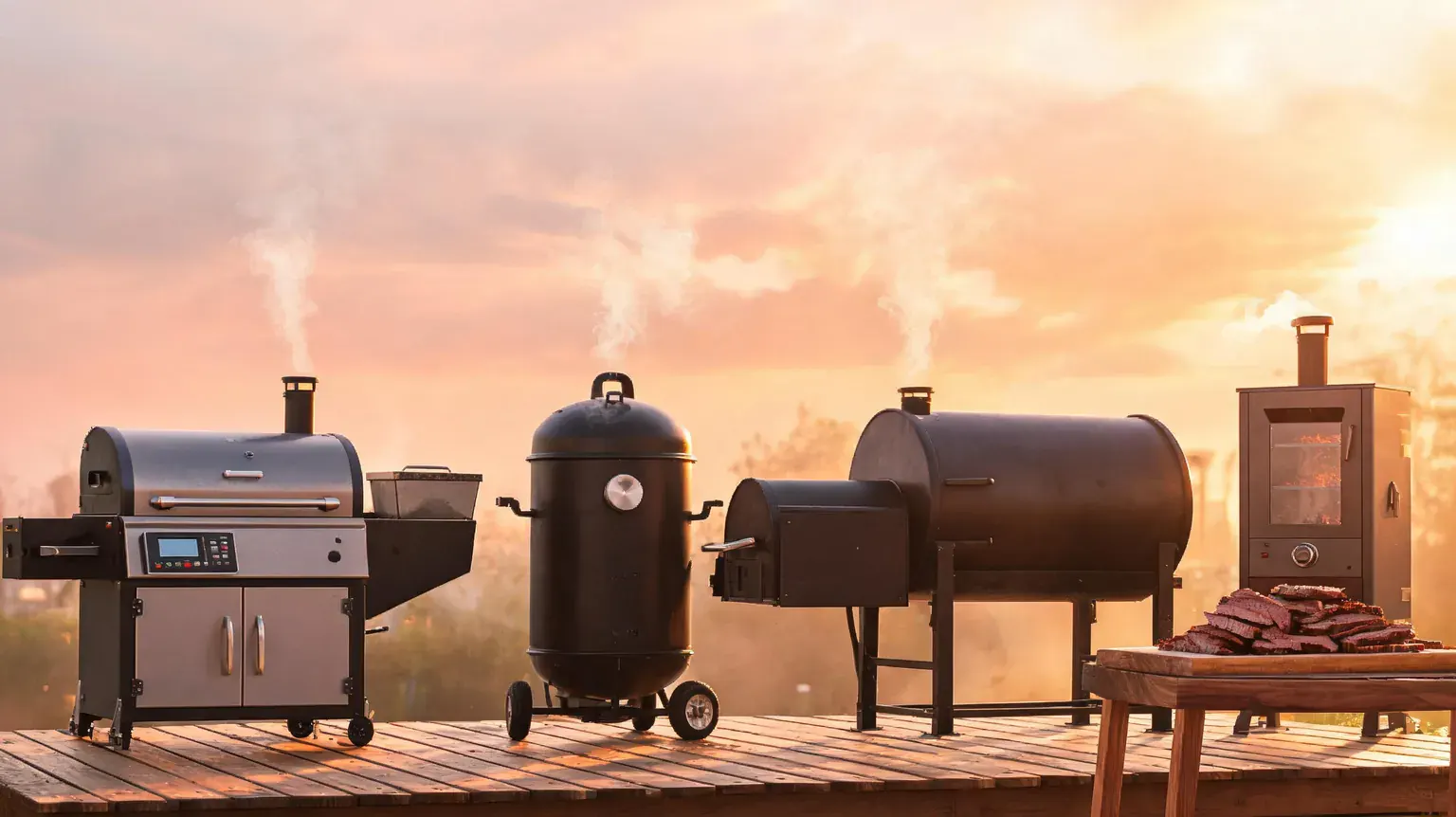 Best smokers of 2026: pellet, charcoal, offset and electric smokers lined up on a backyard deck at golden hour