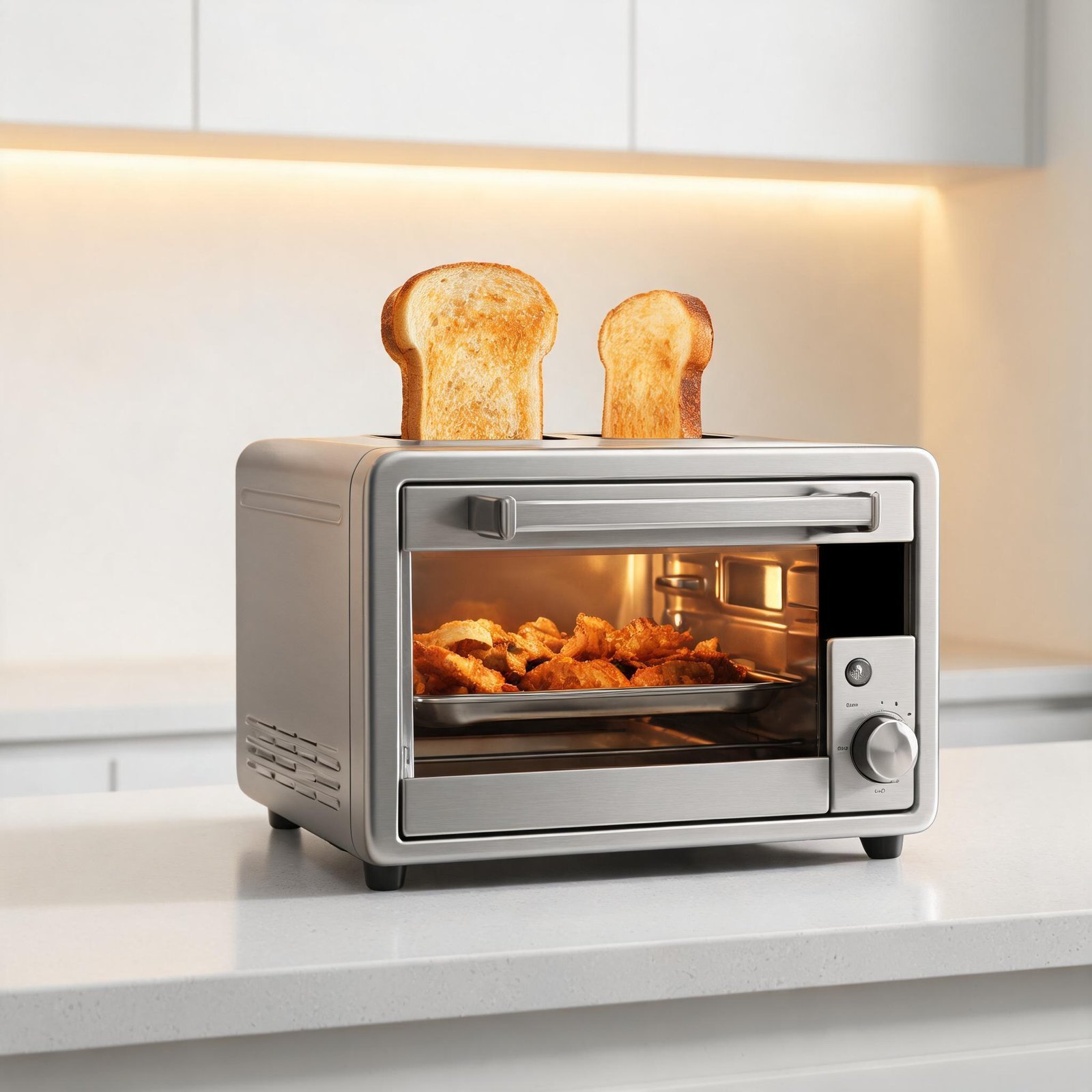 Modern countertop toaster oven with two slices of toasted bread inside.