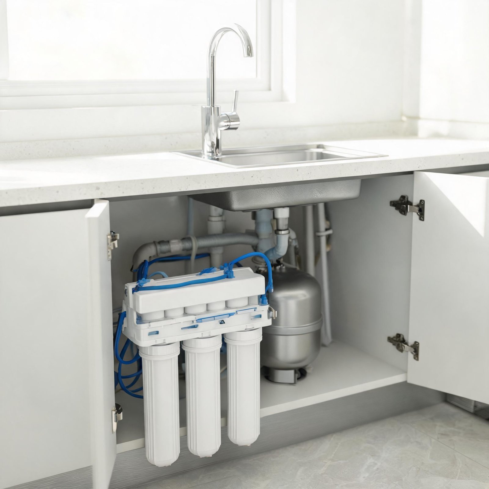 Best under sink water filters of 2026 installed under a kitchen sink with a dedicated faucet