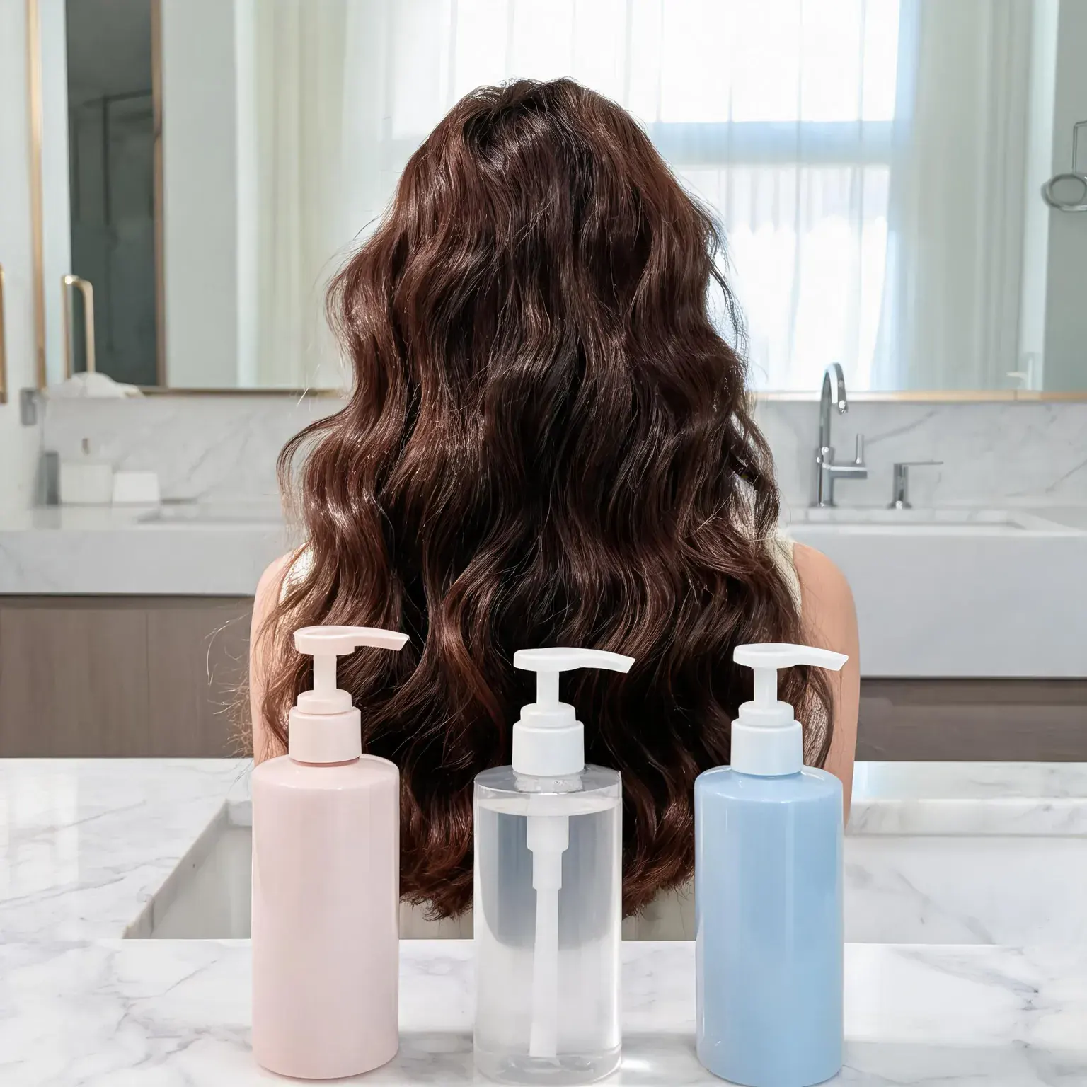 Best volumizing shampoos for fine hair: woman with a bouncy voluminous blowout and lifted roots beside unbranded shampoo bottles on a bright marble bathroom counter