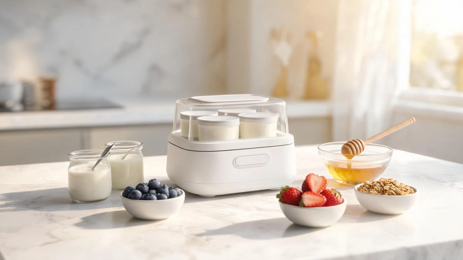Best yogurt makers of 2026 with fresh homemade yogurt, berries, granola and honey on a kitchen counter