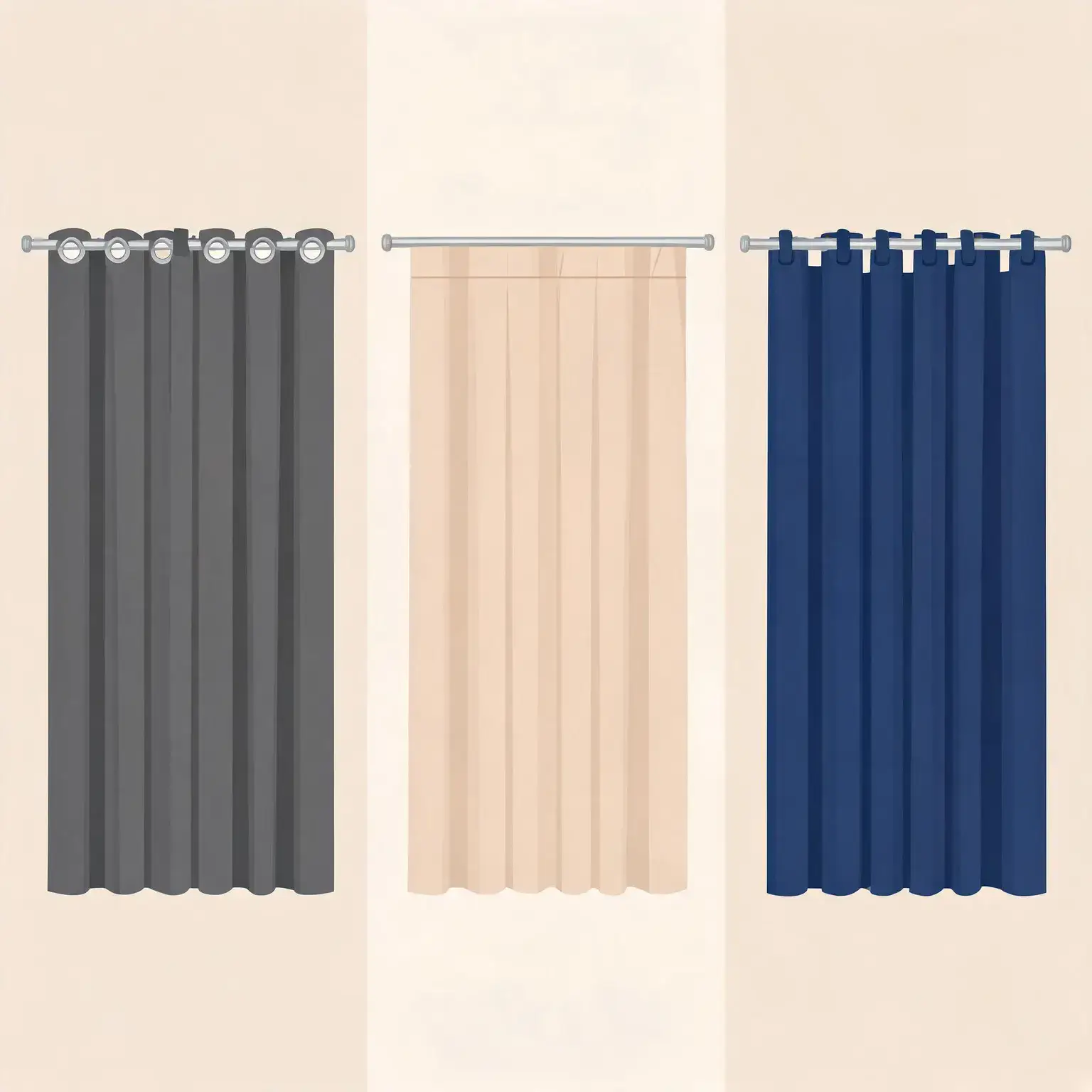 Blackout curtain hanging styles compared: a grommet-top curtain, a concealed rod pocket curtain and a back-tab curtain side by side