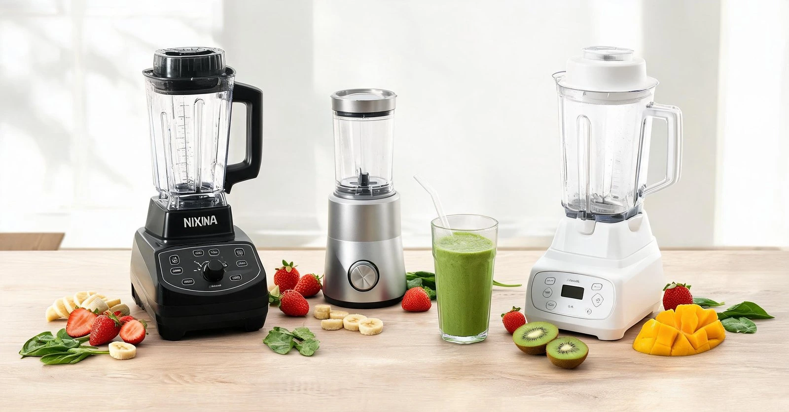 Blenders and smoothie ingredients on a kitchen counter for healthy drinks.